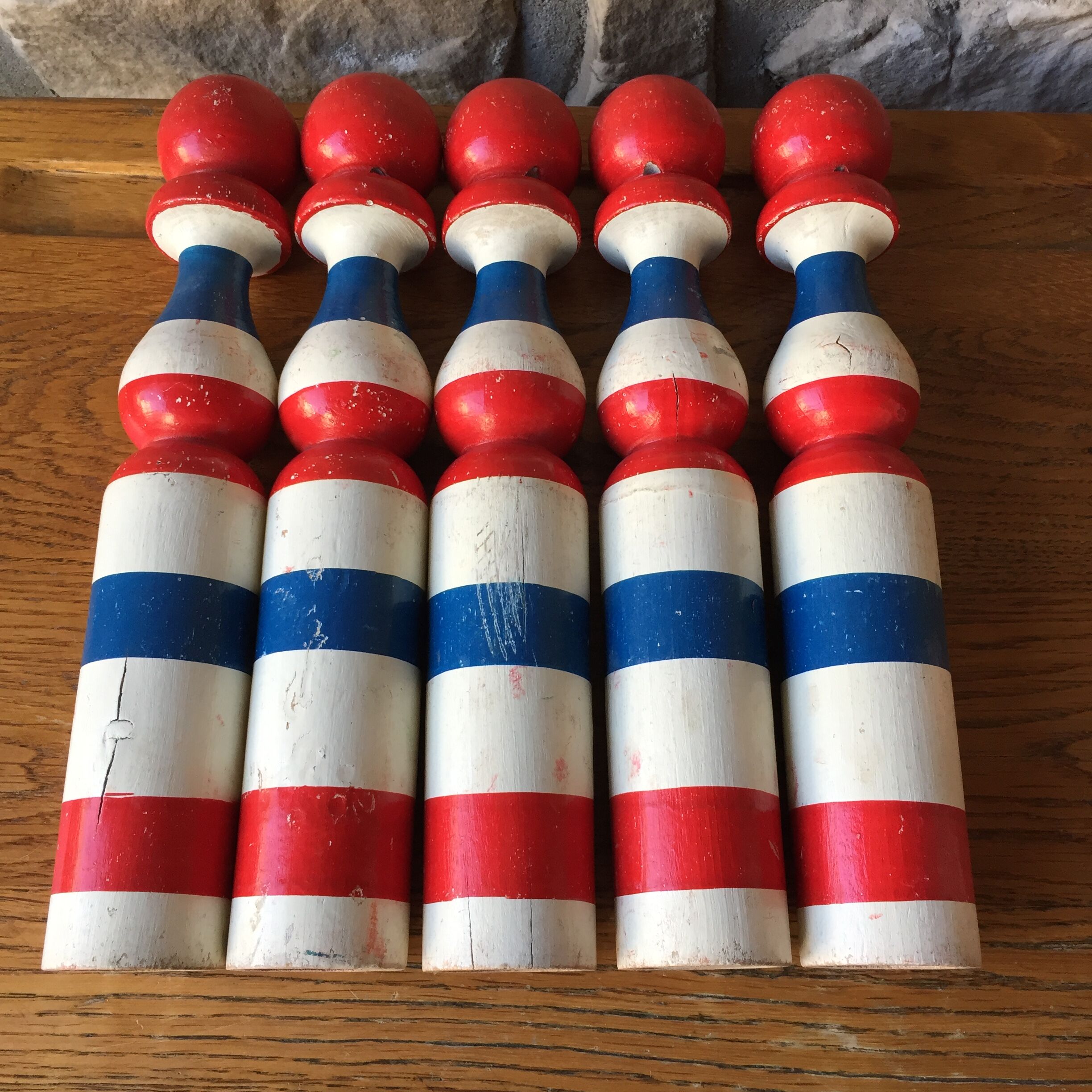 Old vintage wooden bowling game triclore plus two balls