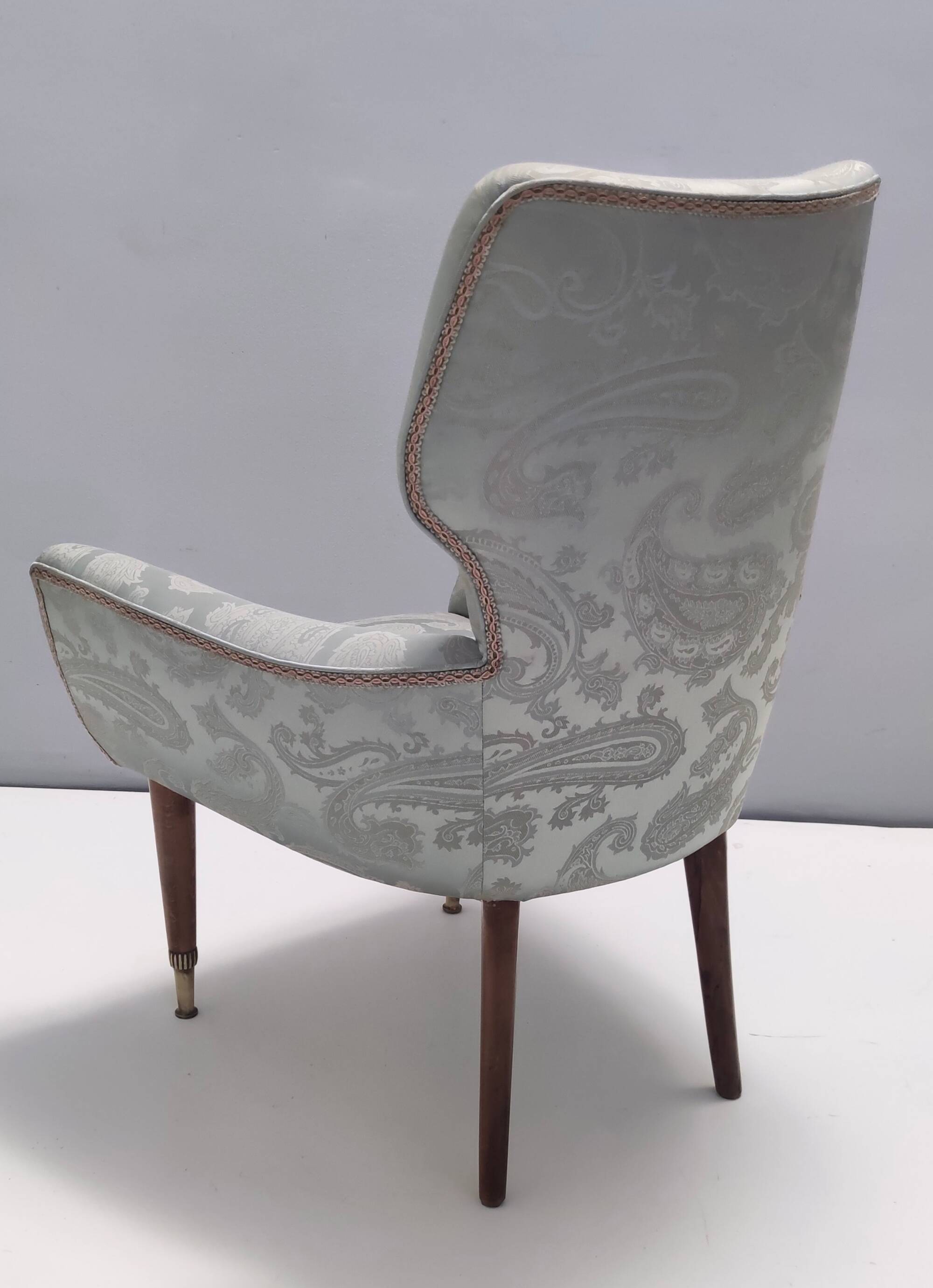 Pair of Grey Satin Lounge Chairs with Walnut Frame and Brass Feet Caps