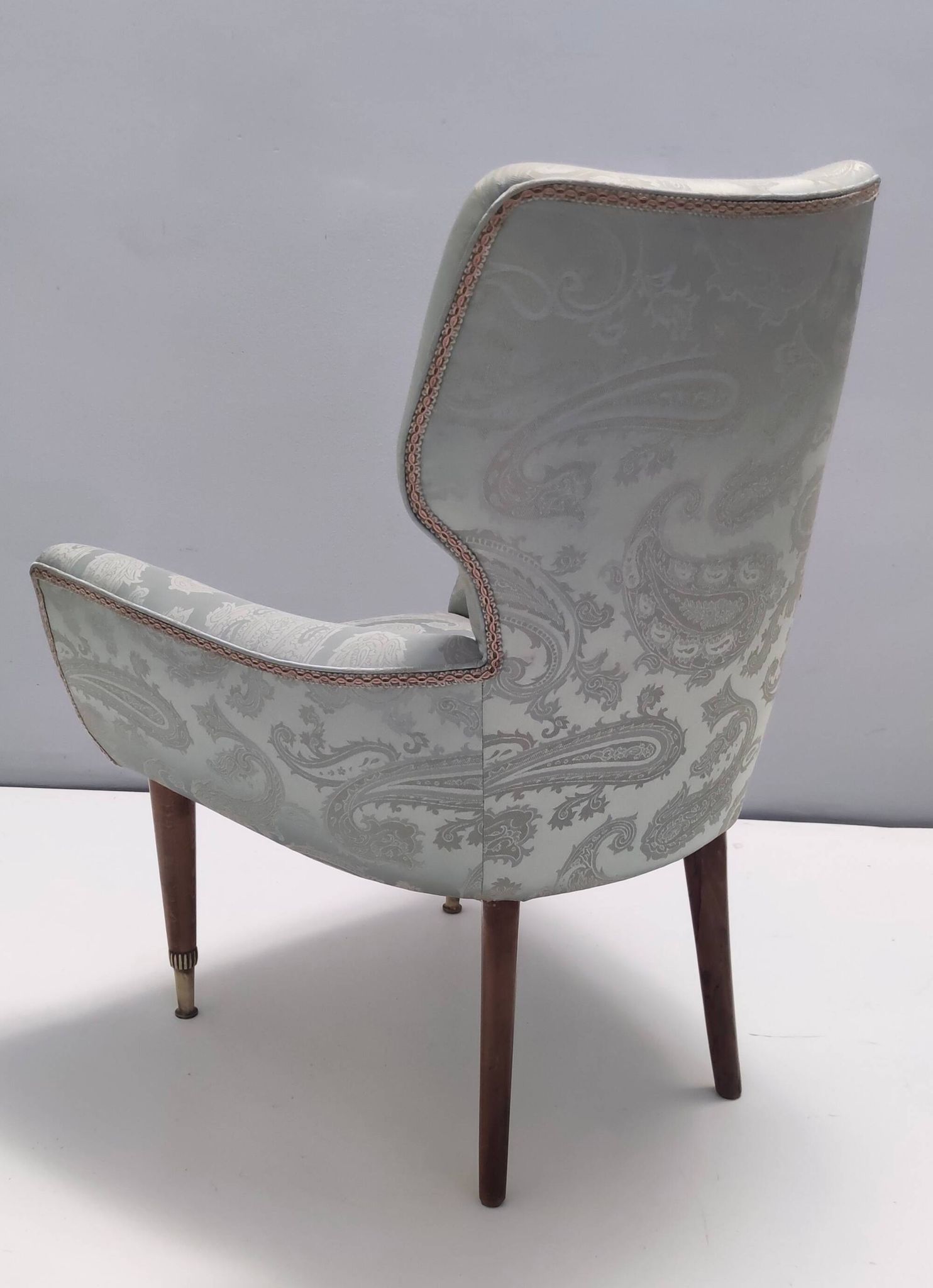 Pair of Grey Satin Lounge Chairs with Walnut Frame and Brass Feet Caps