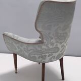 Pair of Grey Satin Lounge Chairs with Walnut Frame and Brass Feet Caps