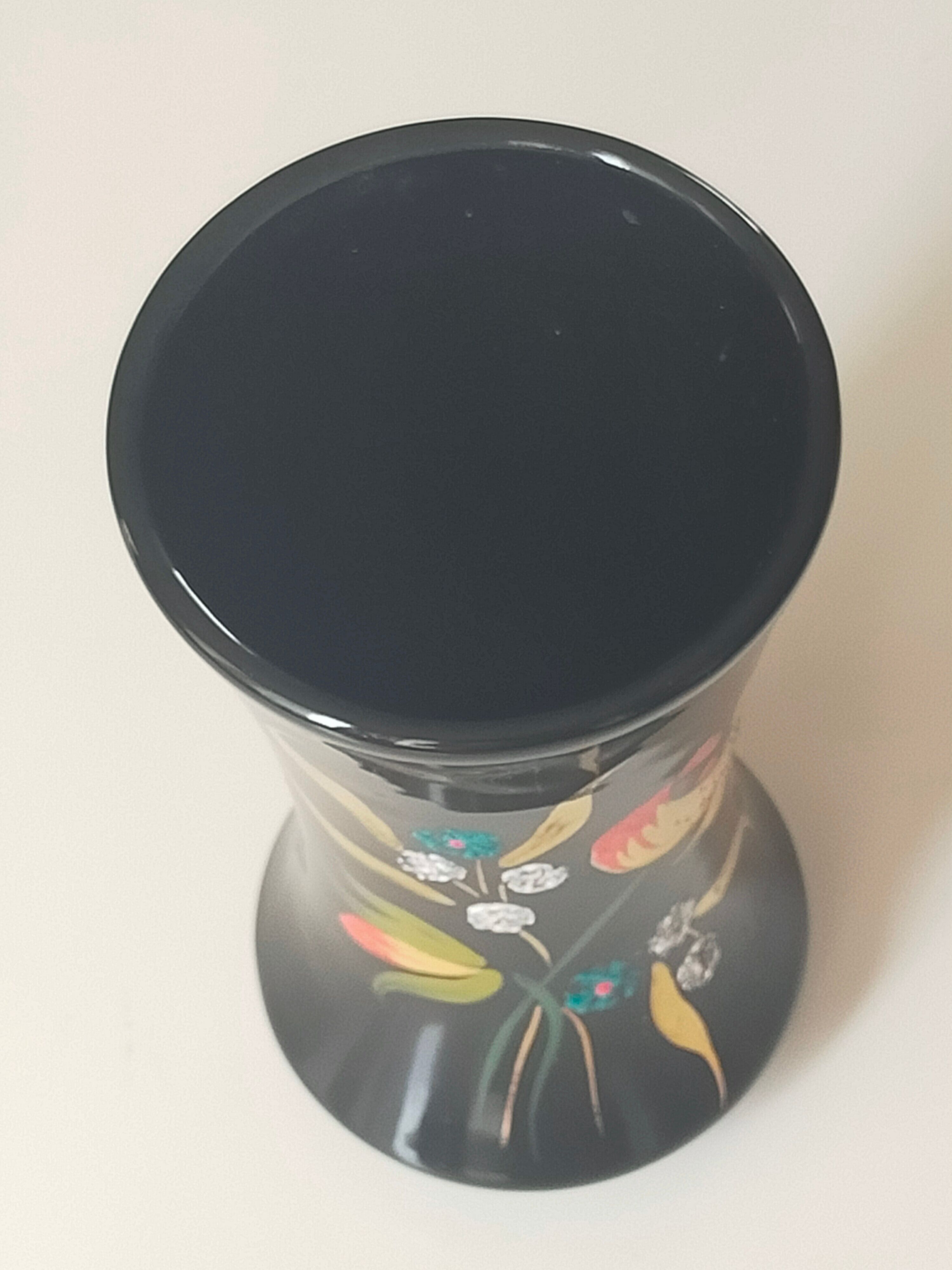 Longwy, Louis Valenti Black vase decorated with tiger lilies in polychrome enamels