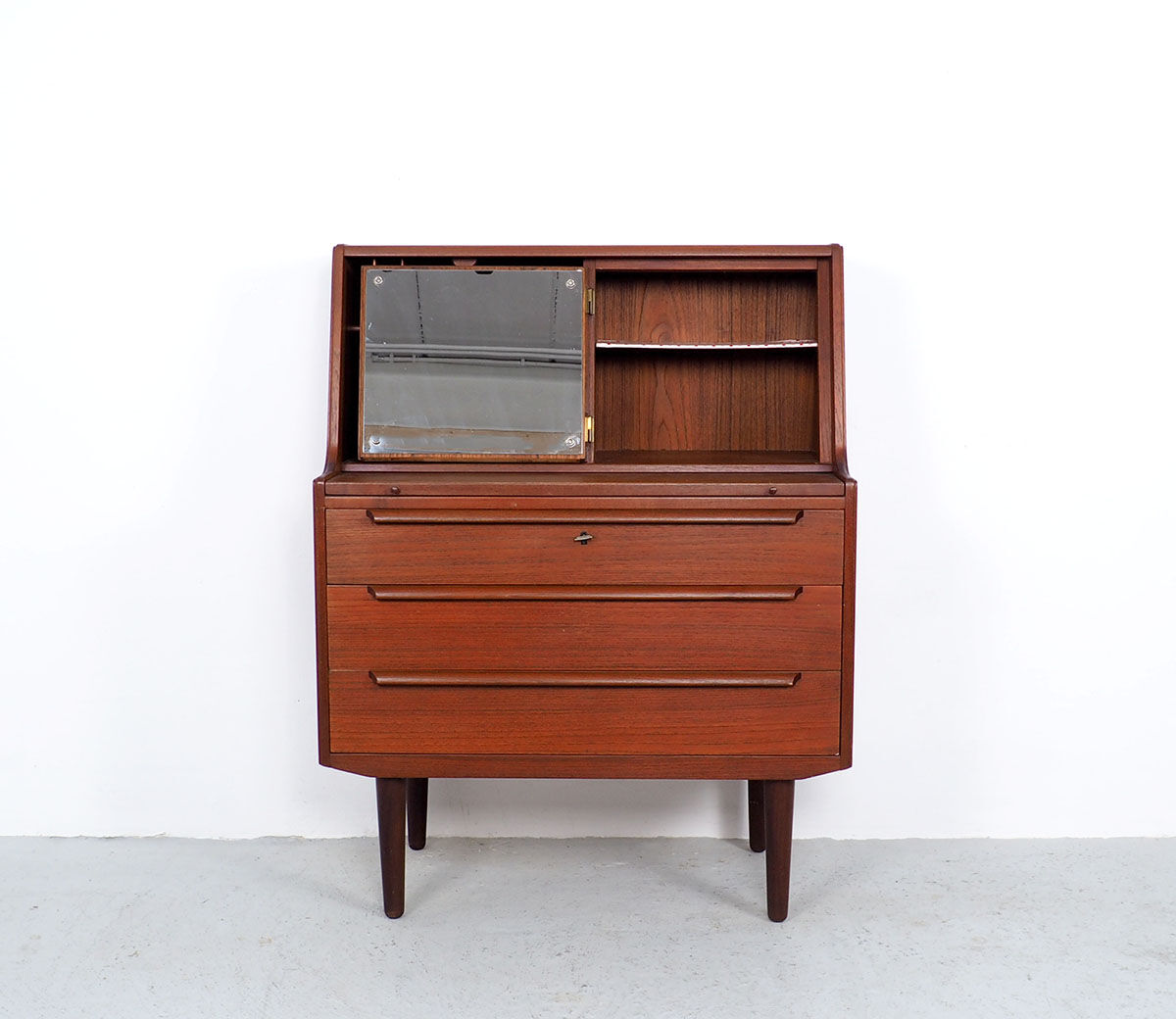 Danish teak secretaire with mirror and pull out desk, 1960s Danish teak secretaire with mirror