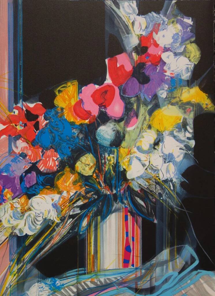 Jean-Baptiste Valadié: Blue, white and red bouquet, original signed lithograph