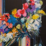 Jean-Baptiste Valadié: Blue, white and red bouquet, original signed lithograph