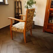 Vintage Salon Armchair with Floral Tapestry Upholstery and Scroll Armrests