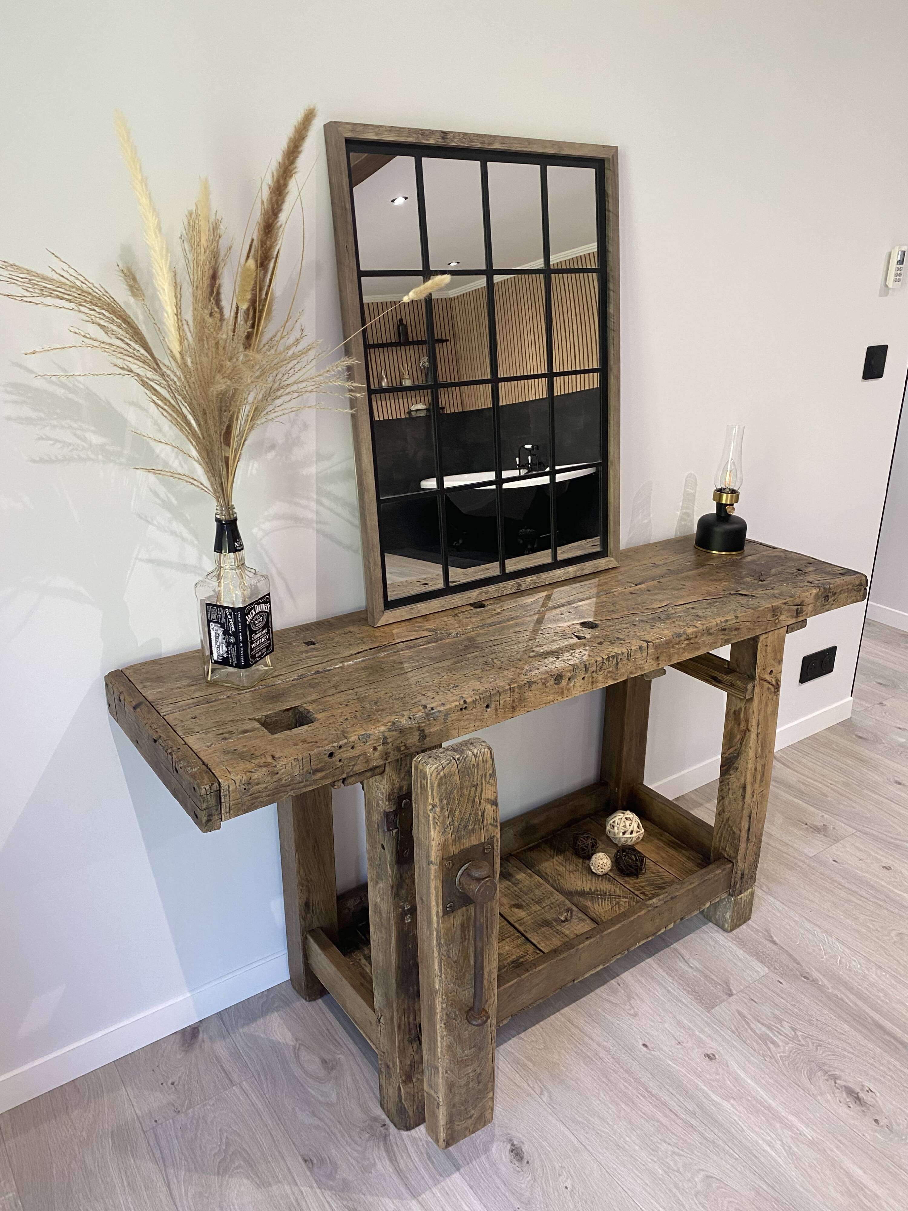 Établi en bois industriel vintage, meuble de métier