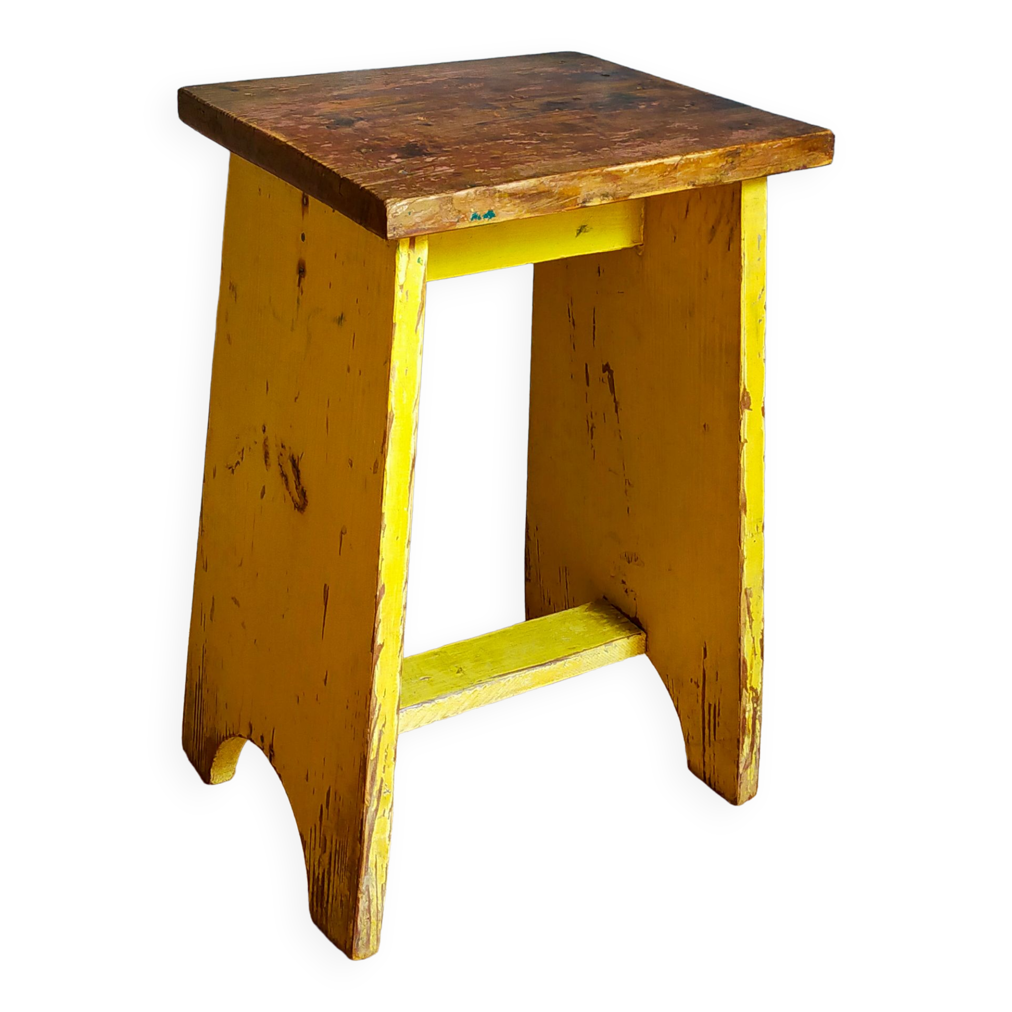 Art-populaire workshop stool in patinated wood