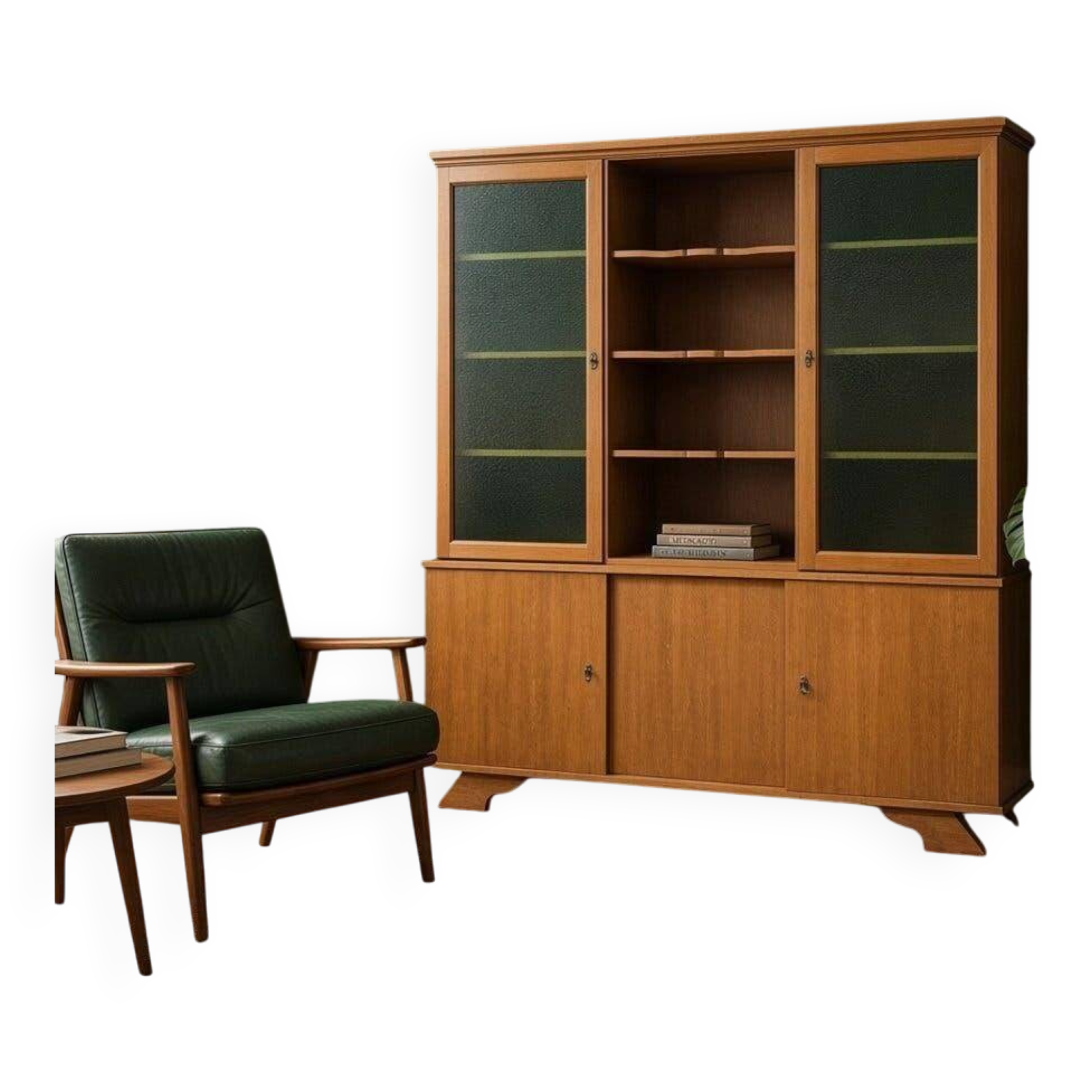 Vintage wooden display cabinet with green glass.