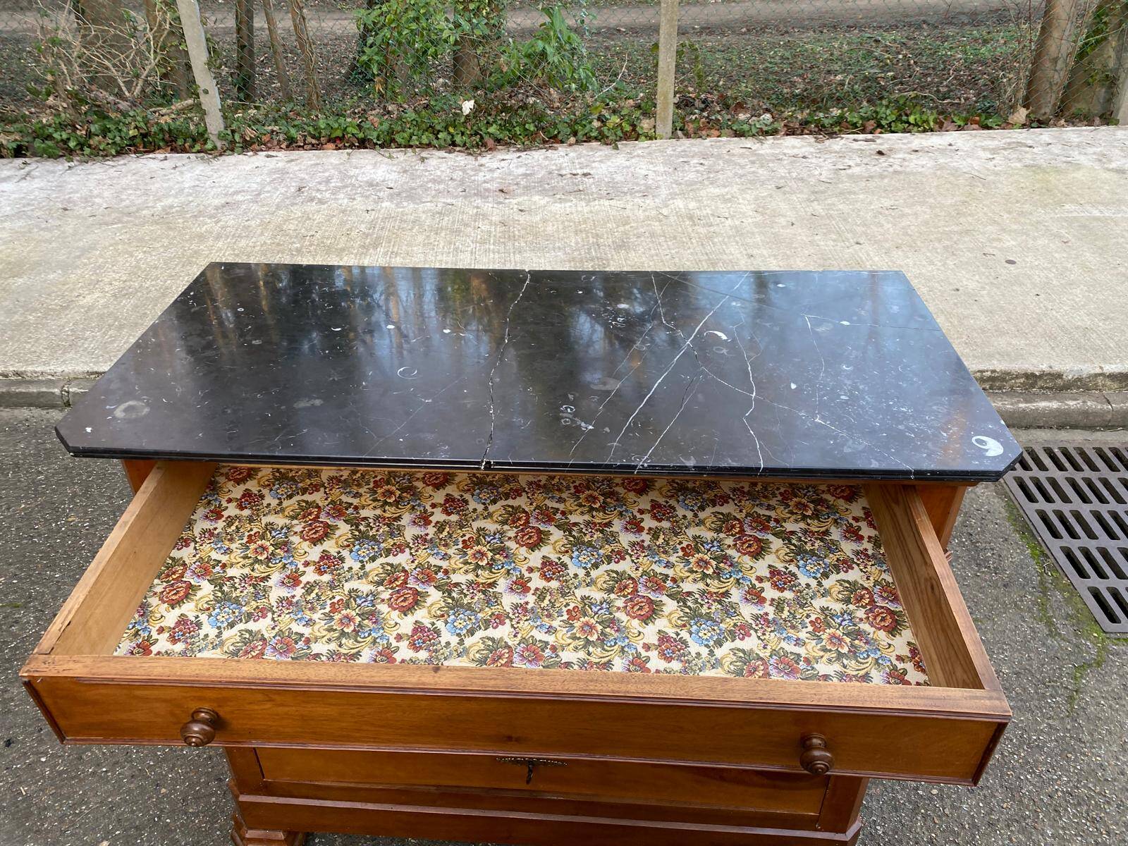 Vintage Louis Philippe commode in wood and grey marble from the 20th century.