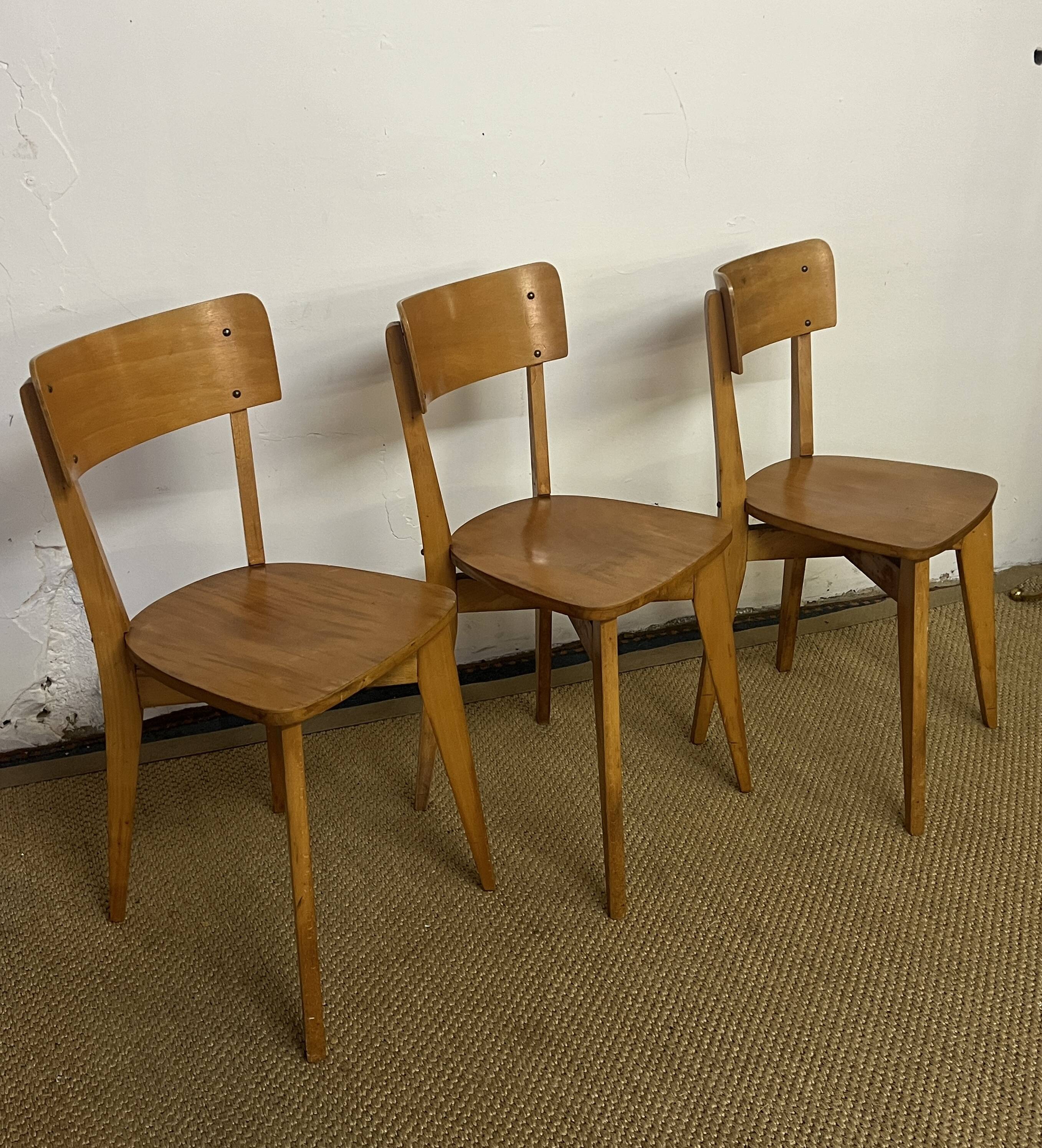 Set of 3 vintage wooden bistro chairs
