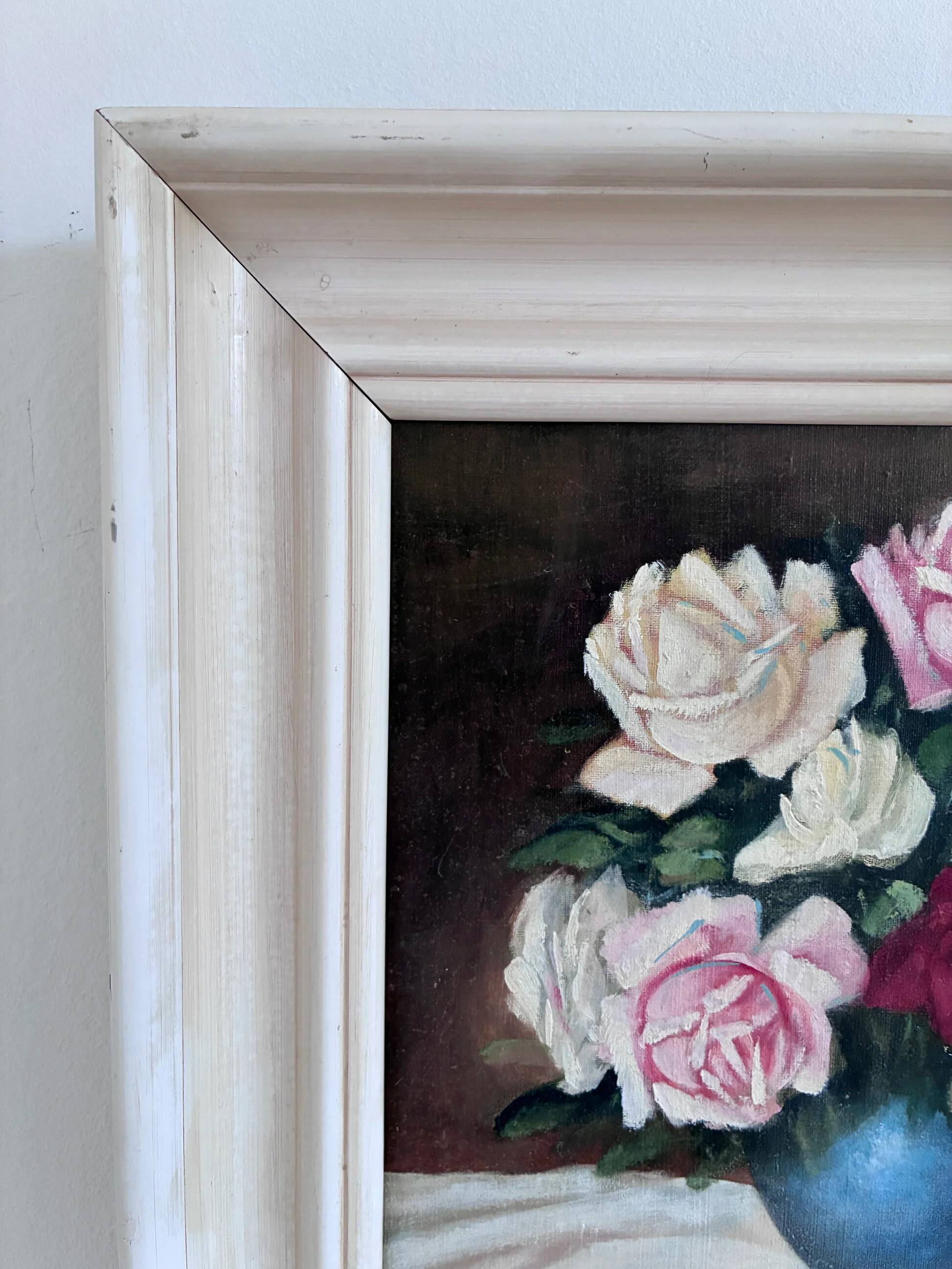 Vintage original floral rose oil painting, signed flower art