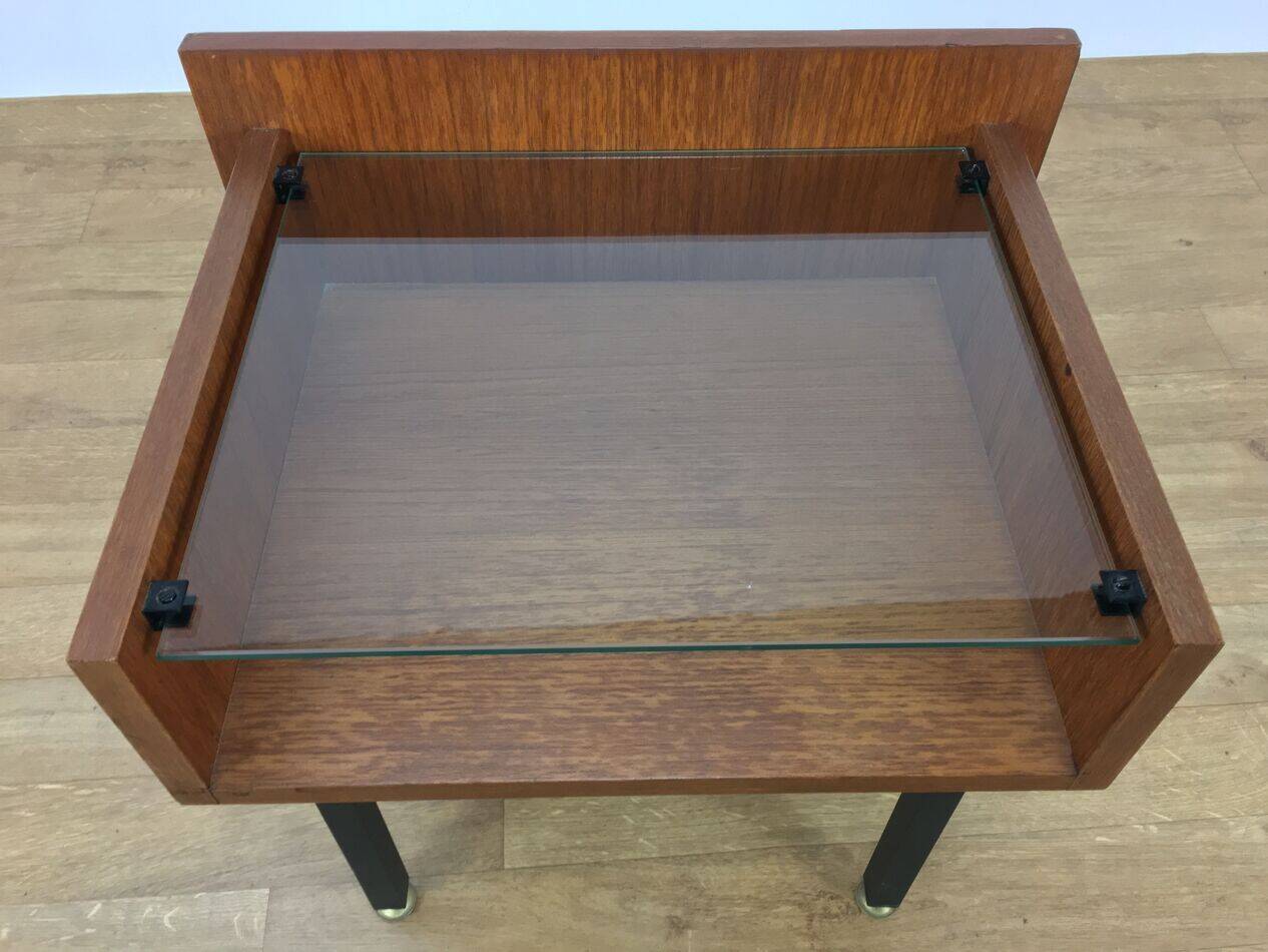 Modernist bedside table from the 1950s, wood and glass.
