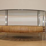 Table basse vintage en verre, rotin et lucite années 70