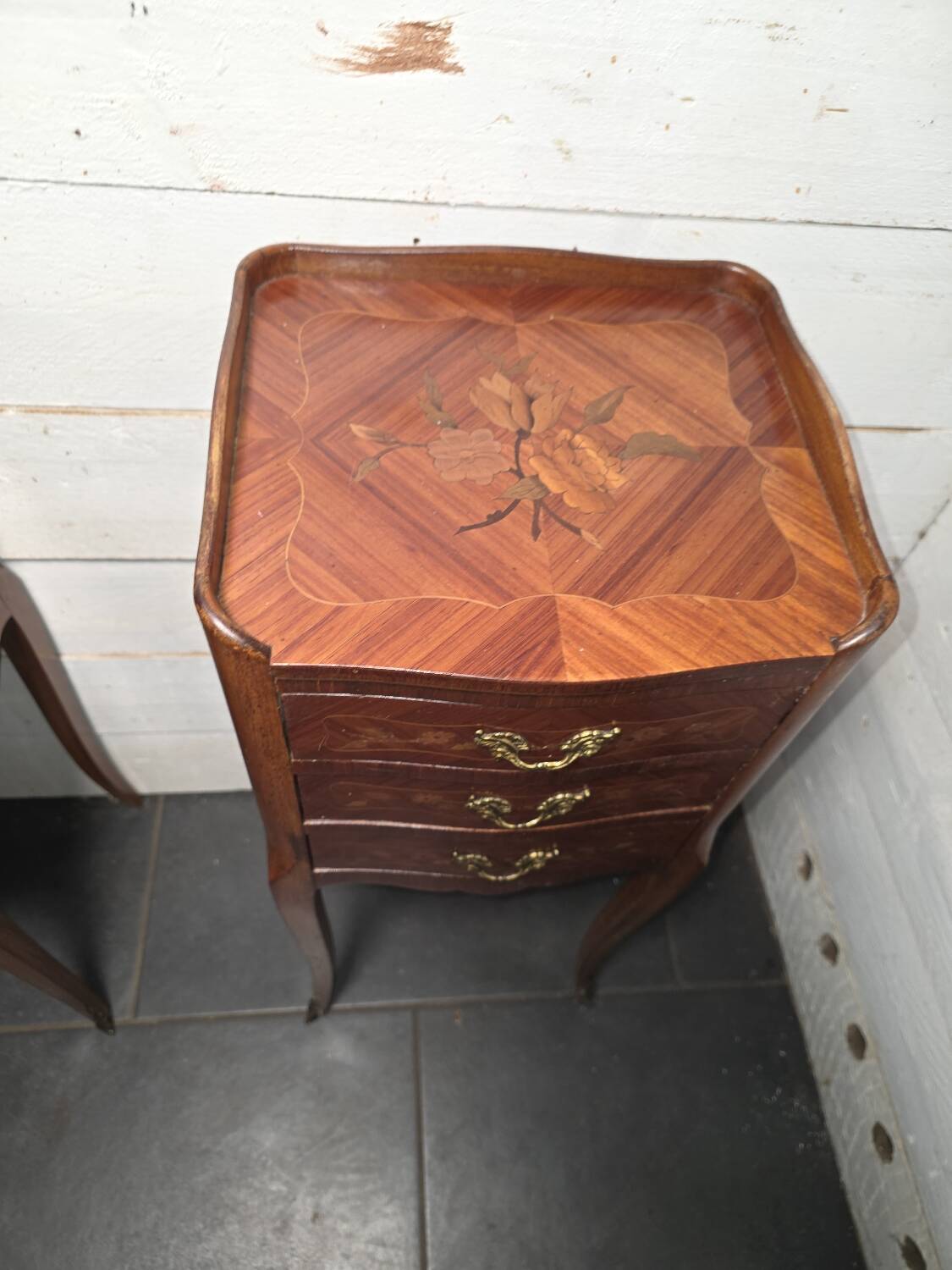Pair of Louis XV style bedside tables in marquetry.