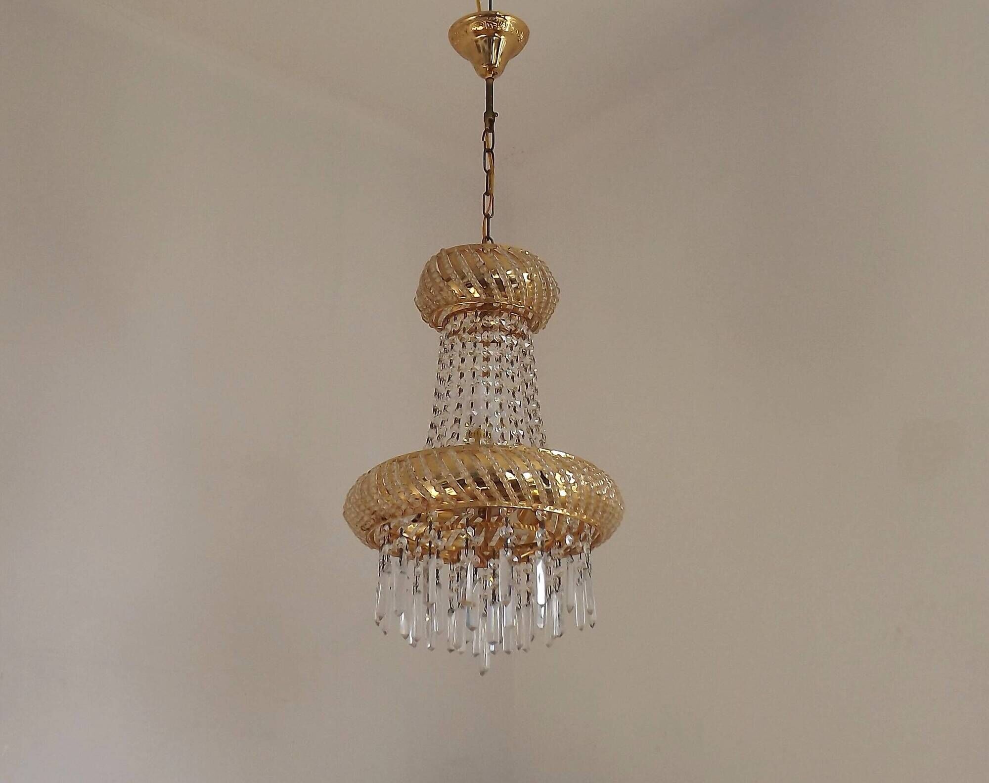 Vintage Gold Metal 5-Light Chandelier – Crystal Beads & Glass Prisms