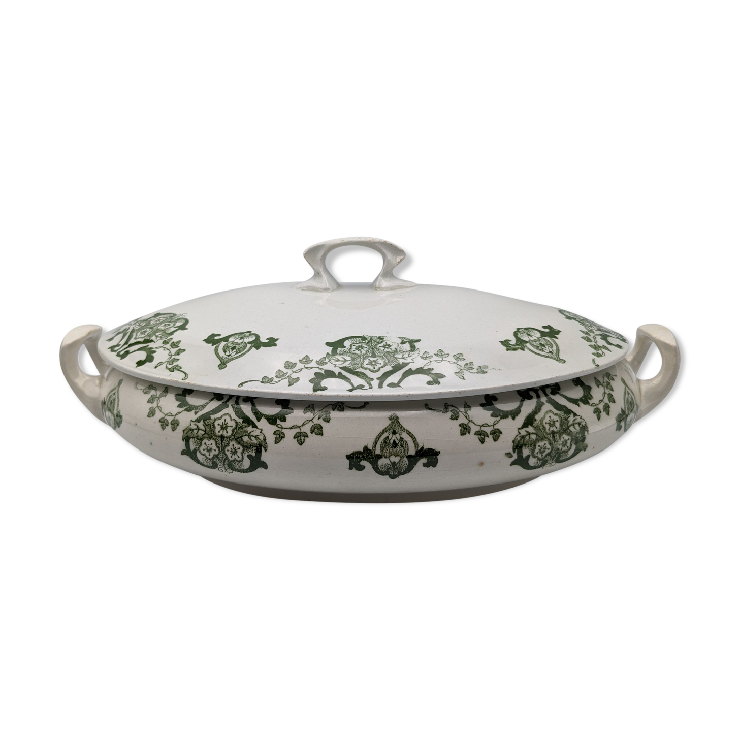 vegetable serving dish tureen earthenware English floral green decoration