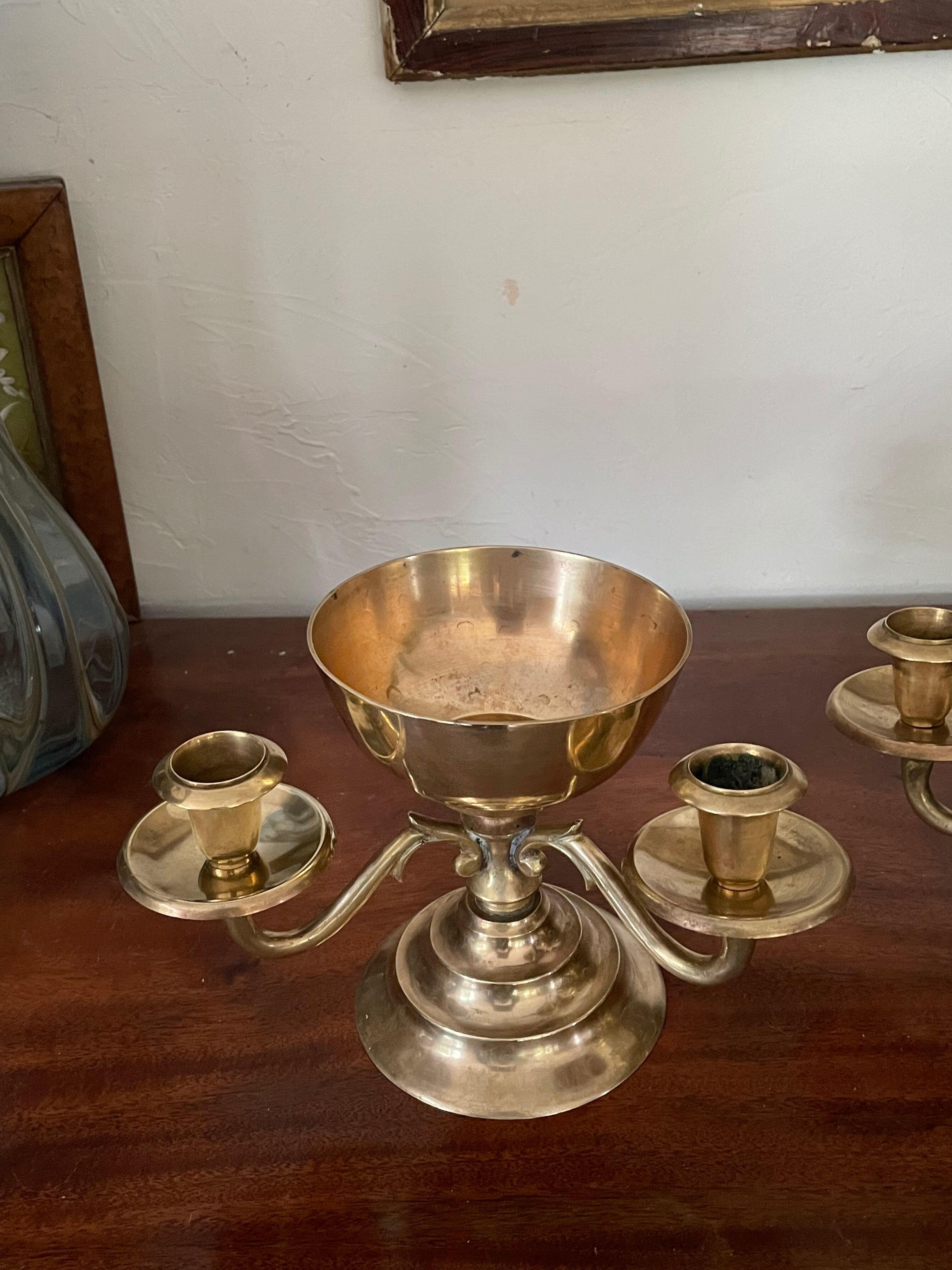 Pair of solid brass calyx candlesticks