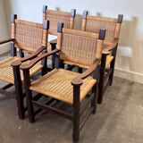 Pair of custom made oak and rattan armchairs, France, 1940s