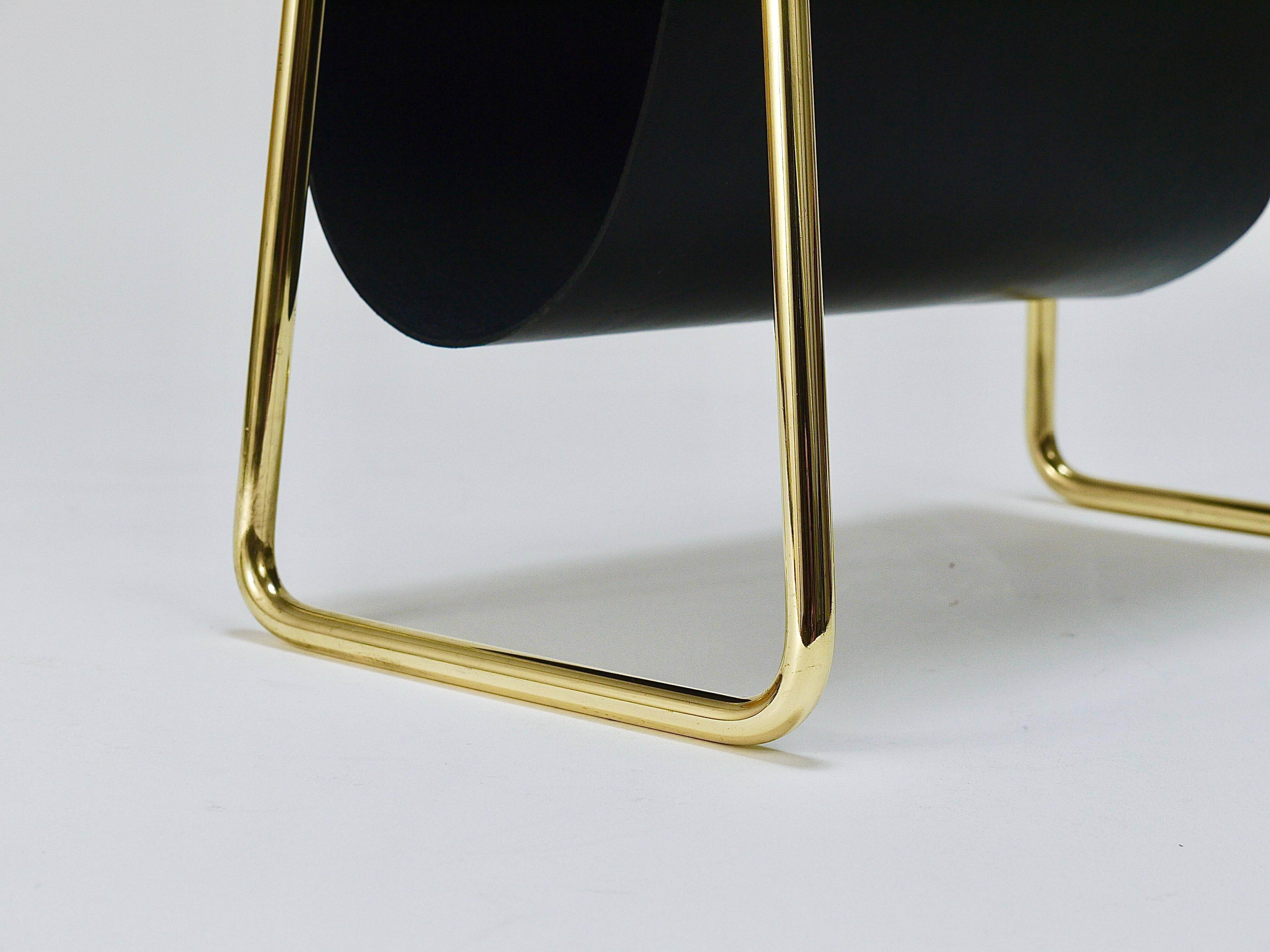Carl Auböck II Midcentury magazine rack, brass and black leather, vintage, Austria