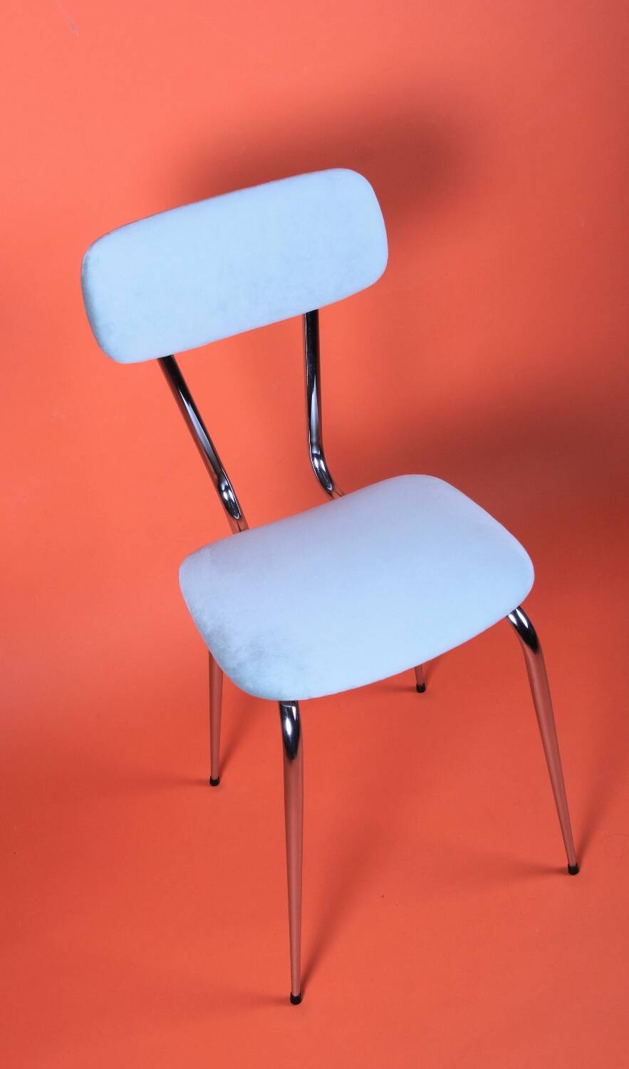 Chrome metal and sky blue velvet chair, 1970s, restored