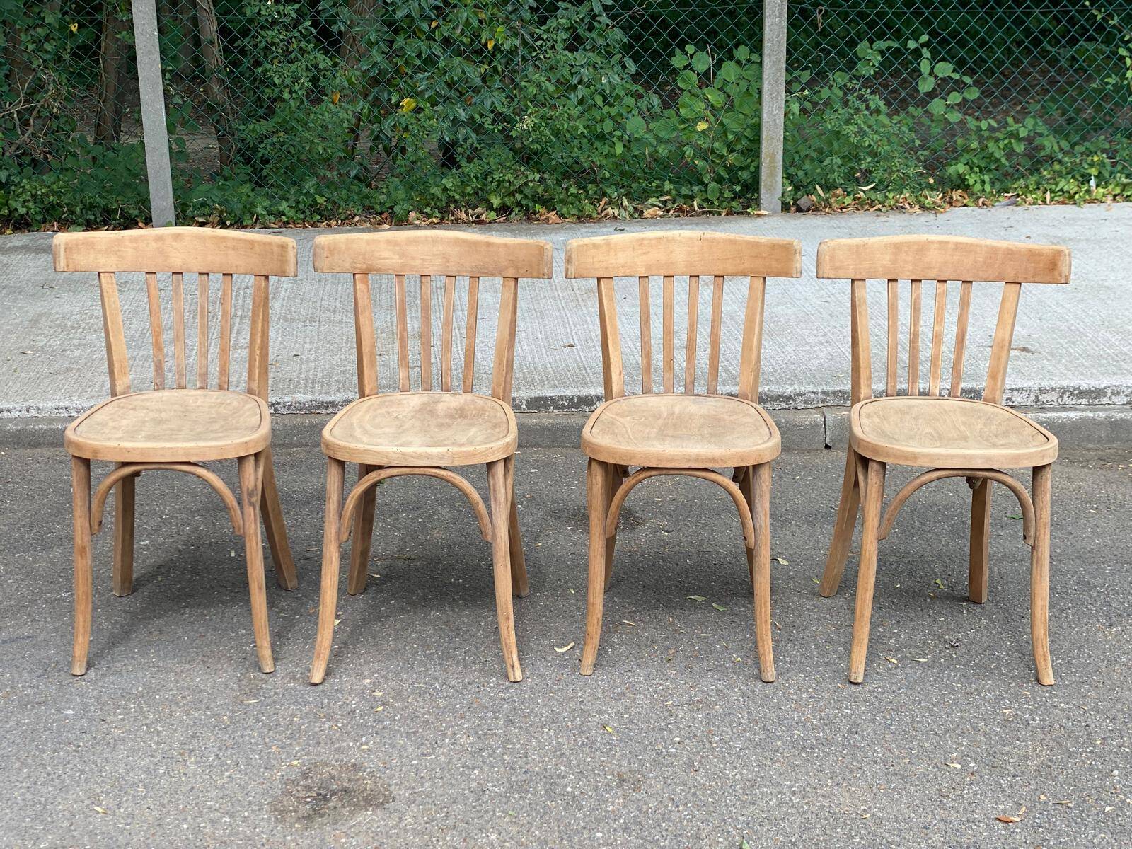 4 stripped bistro chairs in bent wood signed Fischel 1920