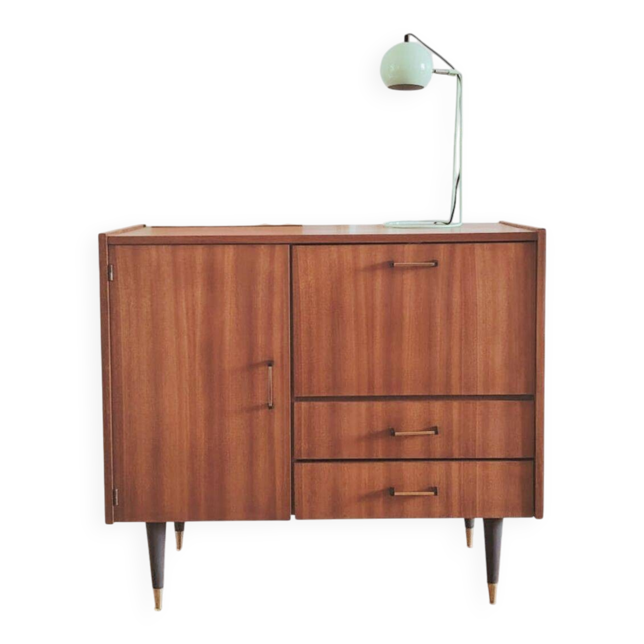 Small renovated vintage sideboard, 1950s-60s in dark wood veneer.
