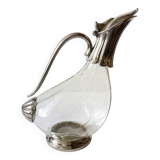 Ewer, decanter in silver-plated metal and glass
