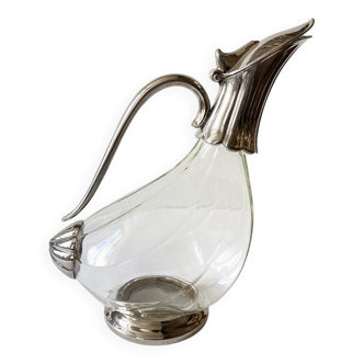 Ewer, decanter in silver-plated metal and glass