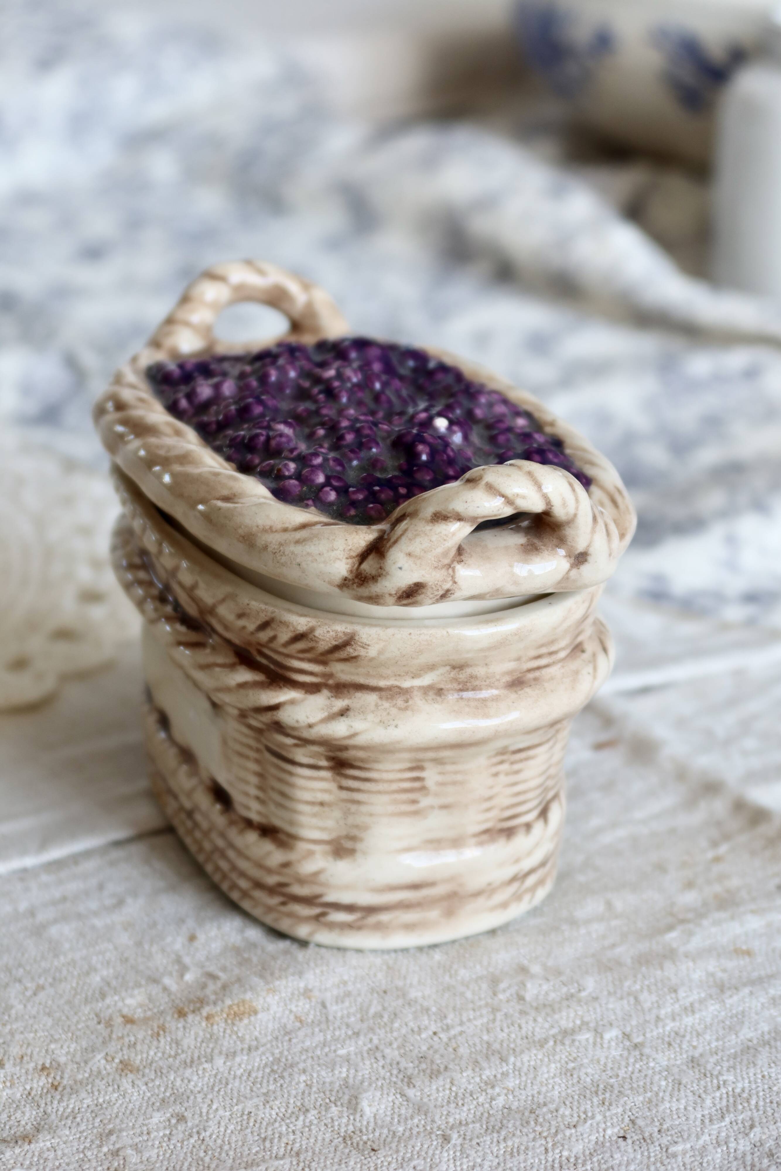 Vintage sugar bowl / candy dish with blackberry basket in slip