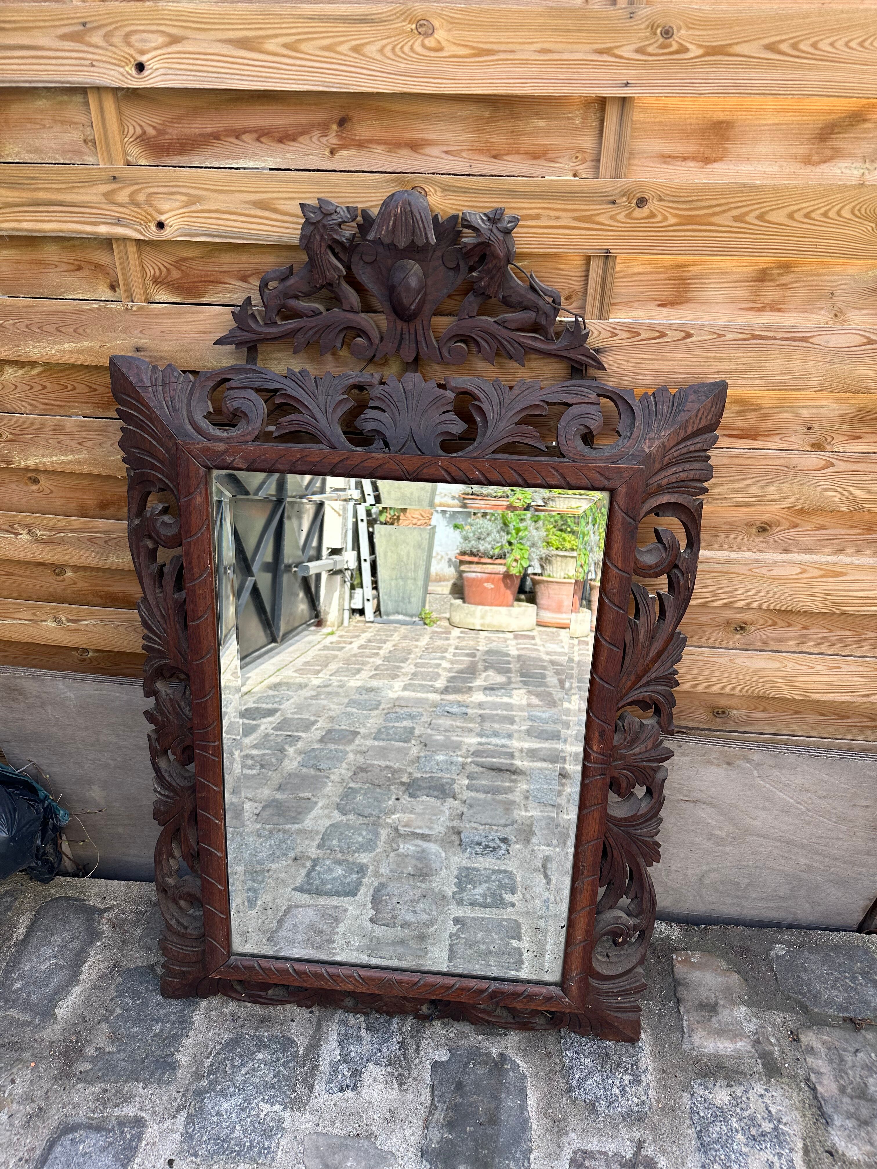 Carved wooden mirror - beveled ice - early twentieth century