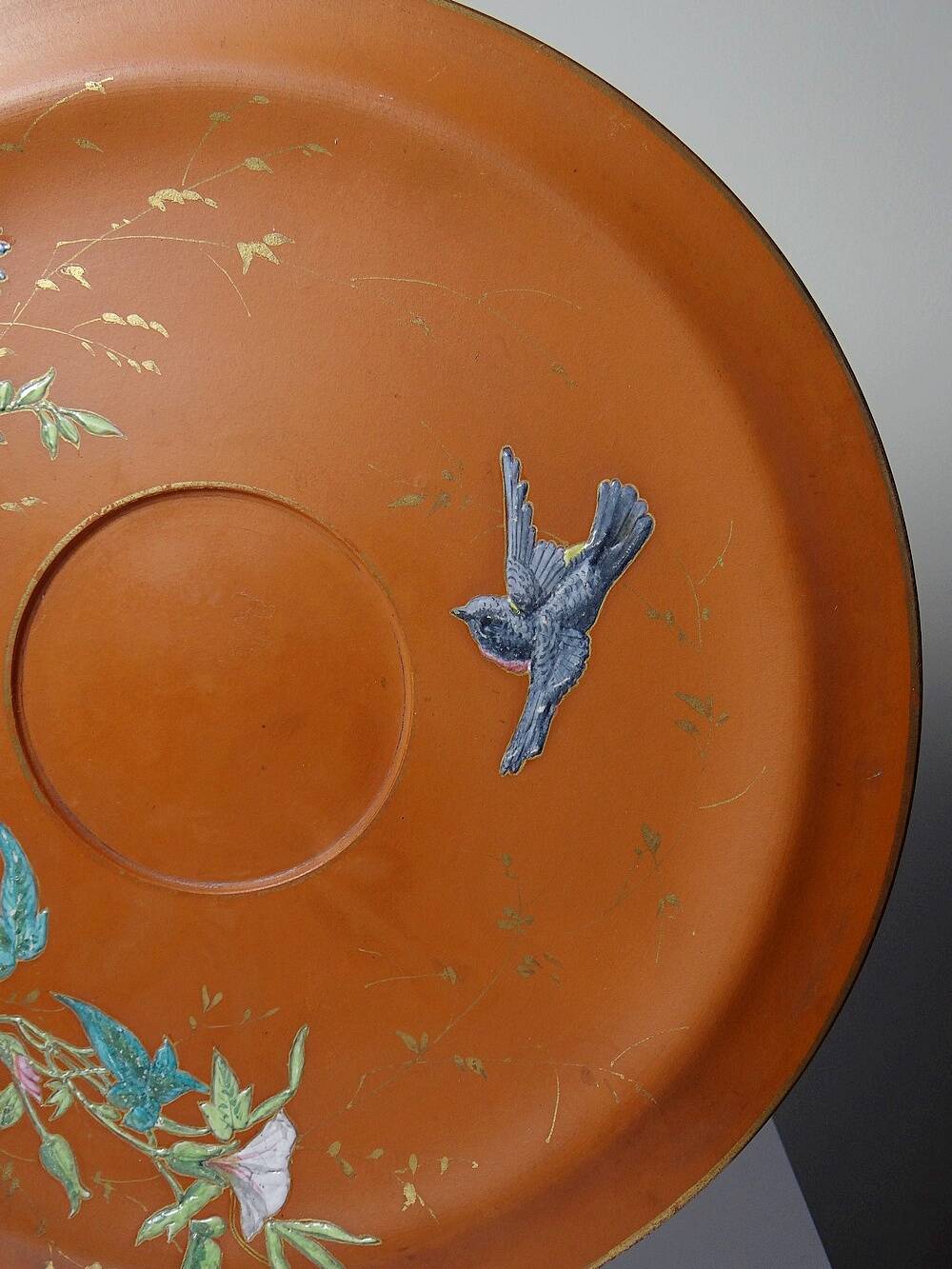 Large old clay/terracotta dish with Japanese Art Nouveau enamel