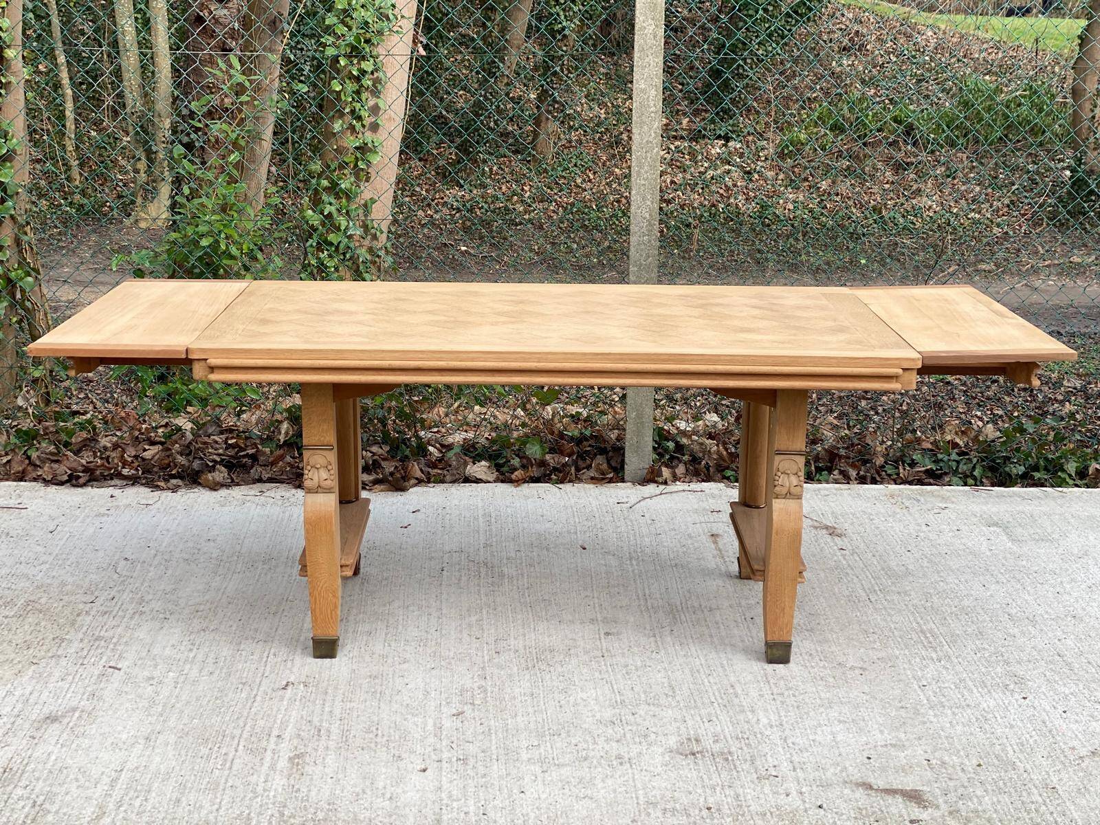 Art Deco extendable dining table renovated in raw oak and marquetry 220