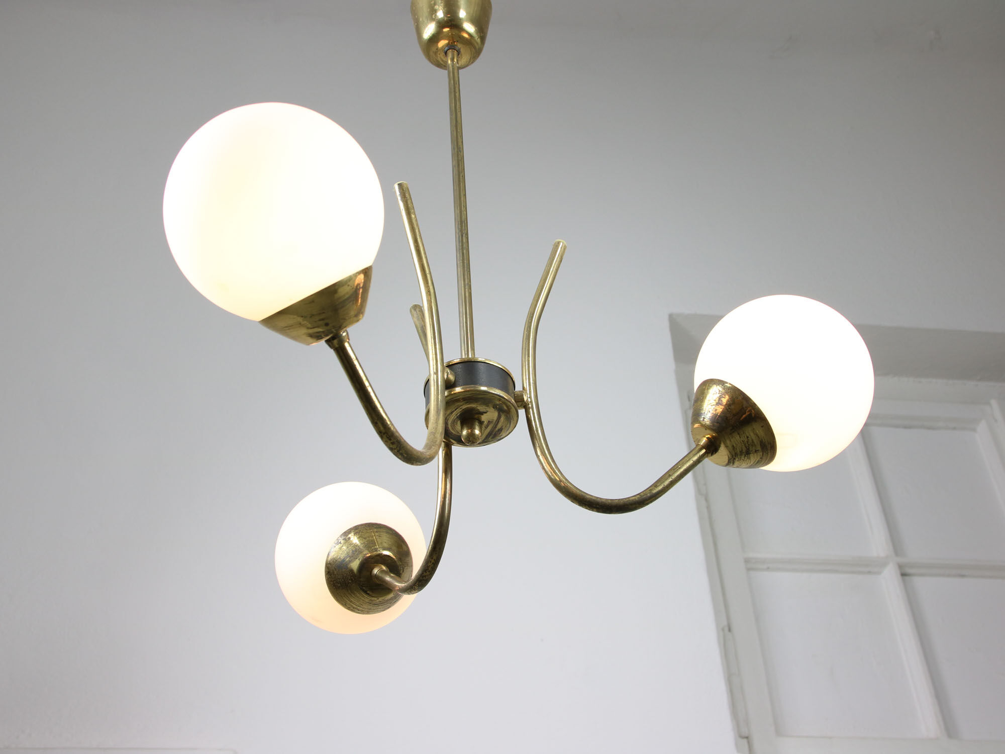 Italian Mid-century Brass and Opaline Glass Chandelier