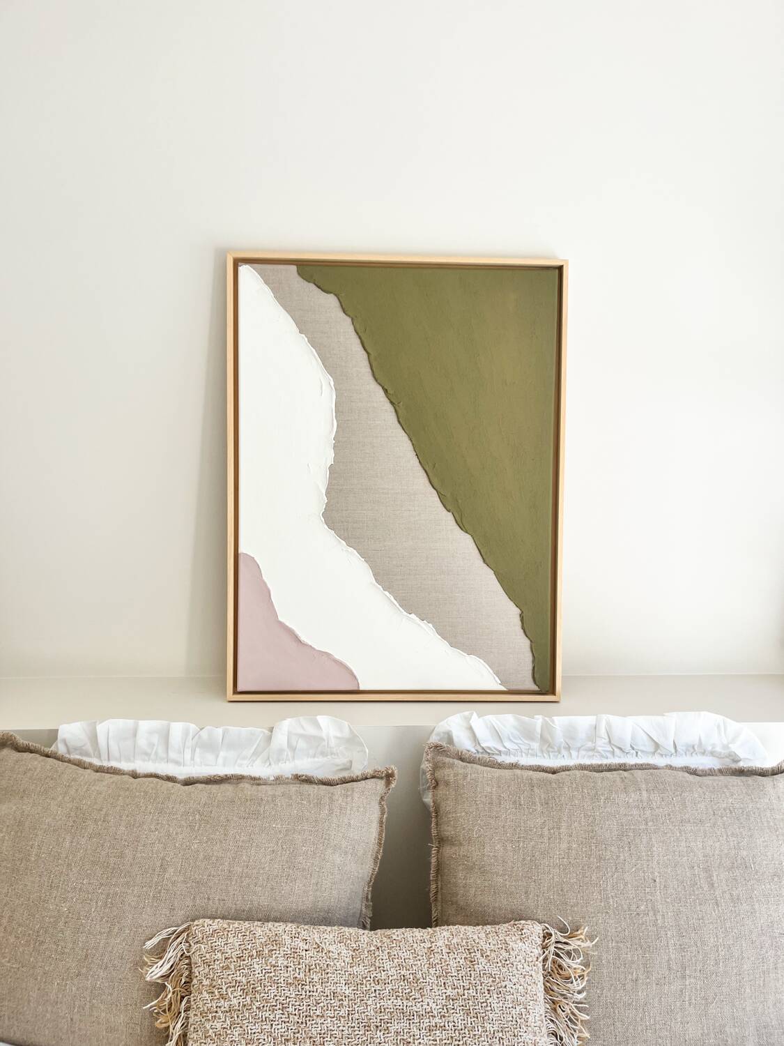 Minimalist relief table linen, khaki, pink, cream.