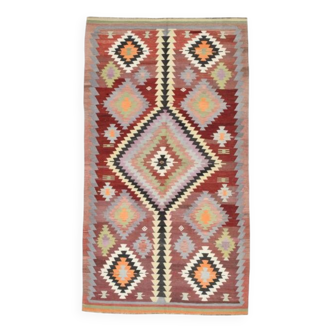 Tapis Kilim tribal vintage rouge foncé vert 5x10