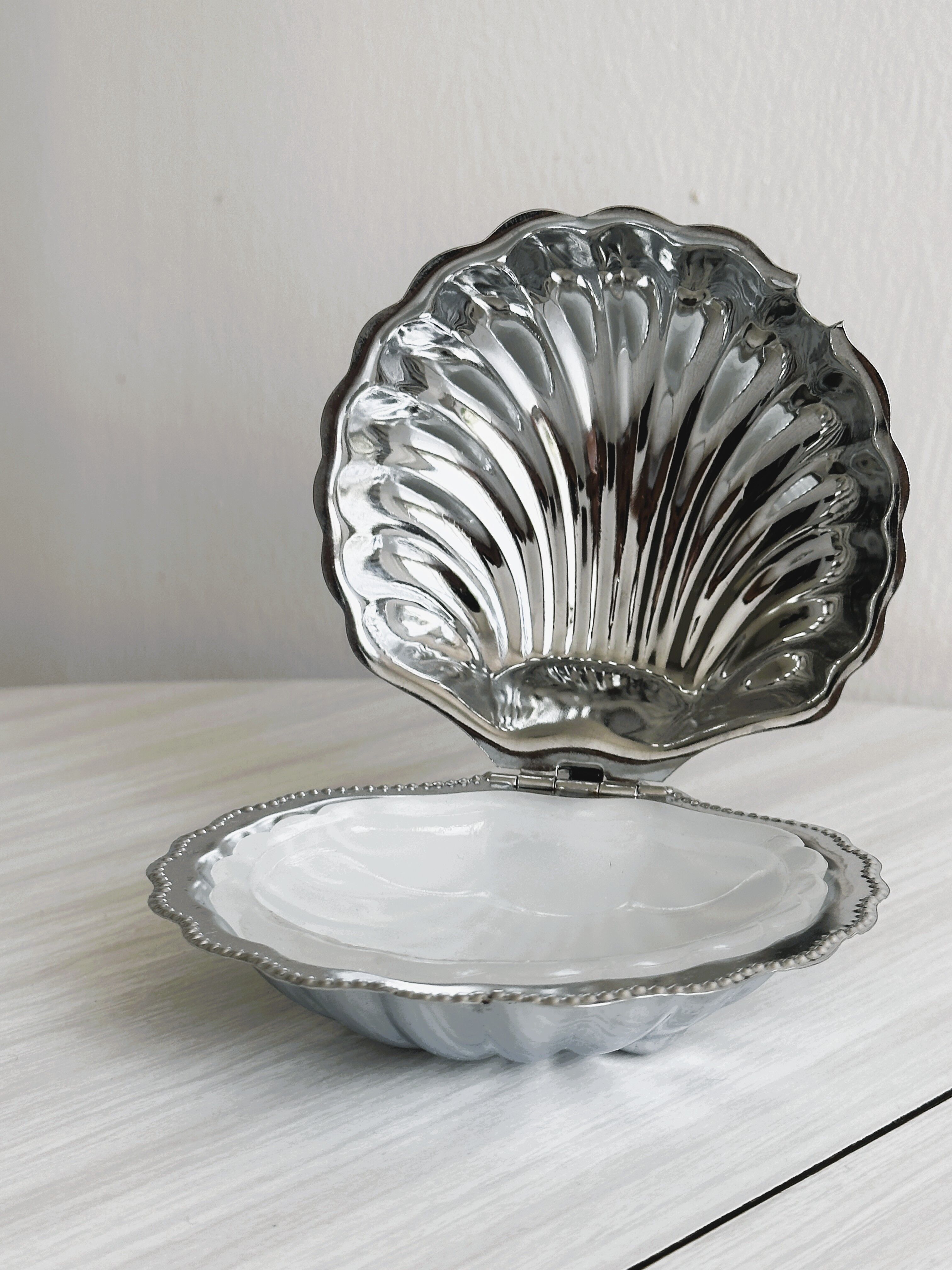Antique shell butter dish in white glass and metal