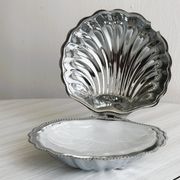 Antique shell butter dish in white glass and metal