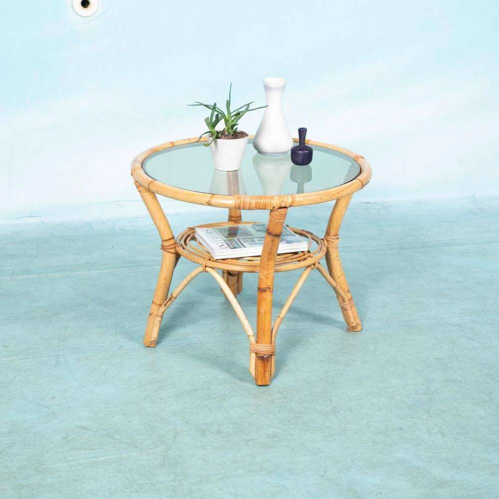 1960s round rattan coffee table, Rohé Noordwolde
