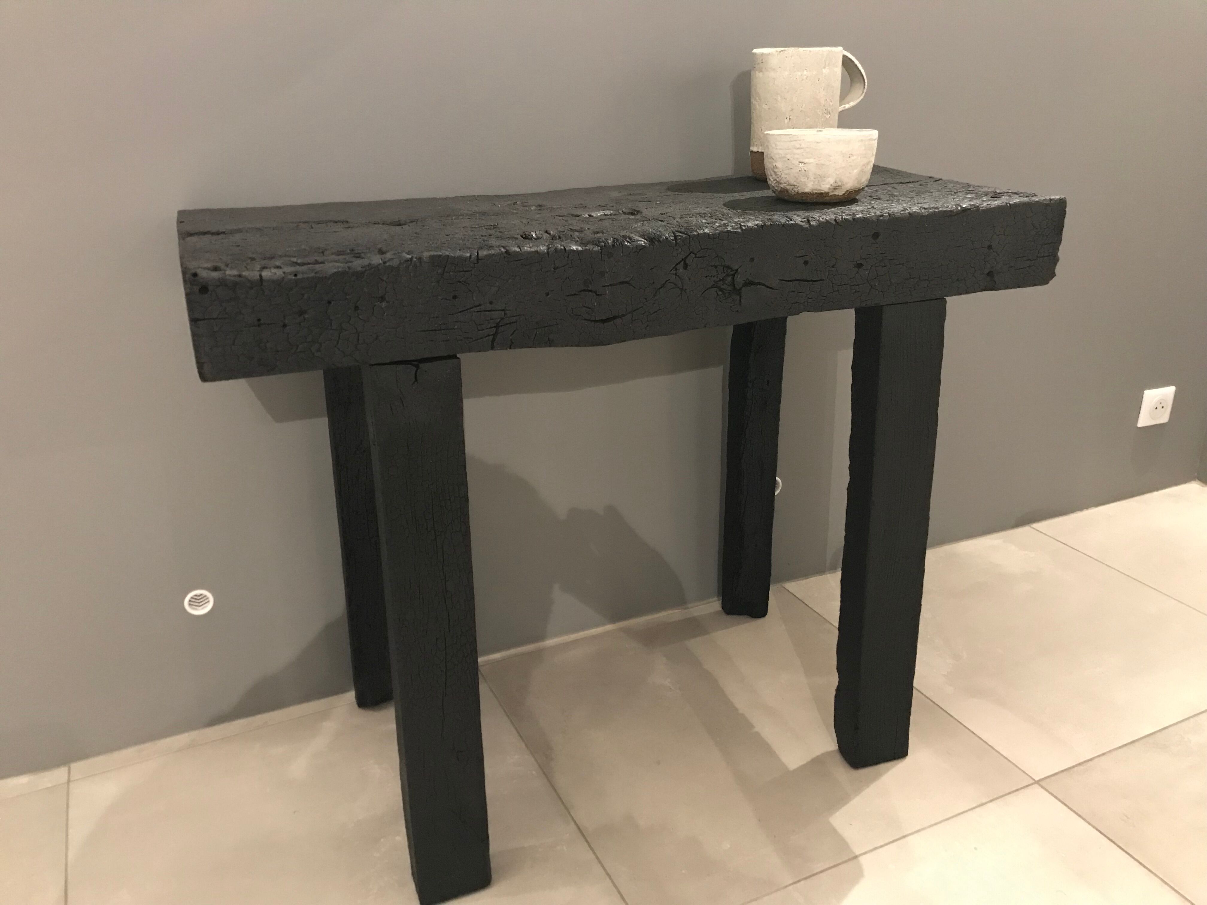 Console wood finishing shou-sugi-ban wood burning with treatment