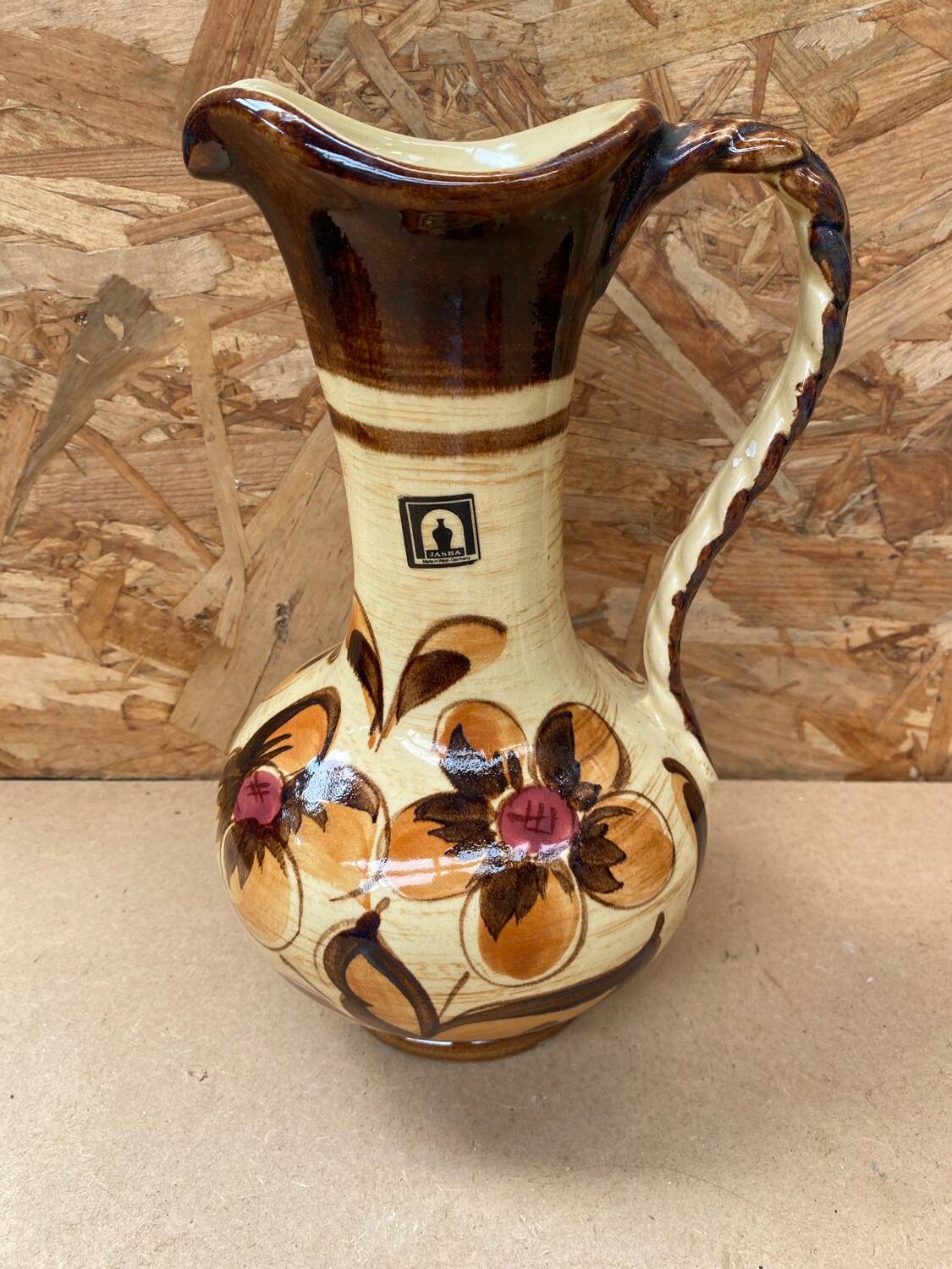 Antique JASBA Ceramic Pitcher Brown Beige Flower Decor Germany Vintage #B243