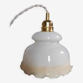 White and champagne opaline portable lamp, linen-colored twisted cord