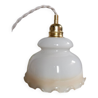 White and champagne opaline portable lamp, linen-colored twisted cord