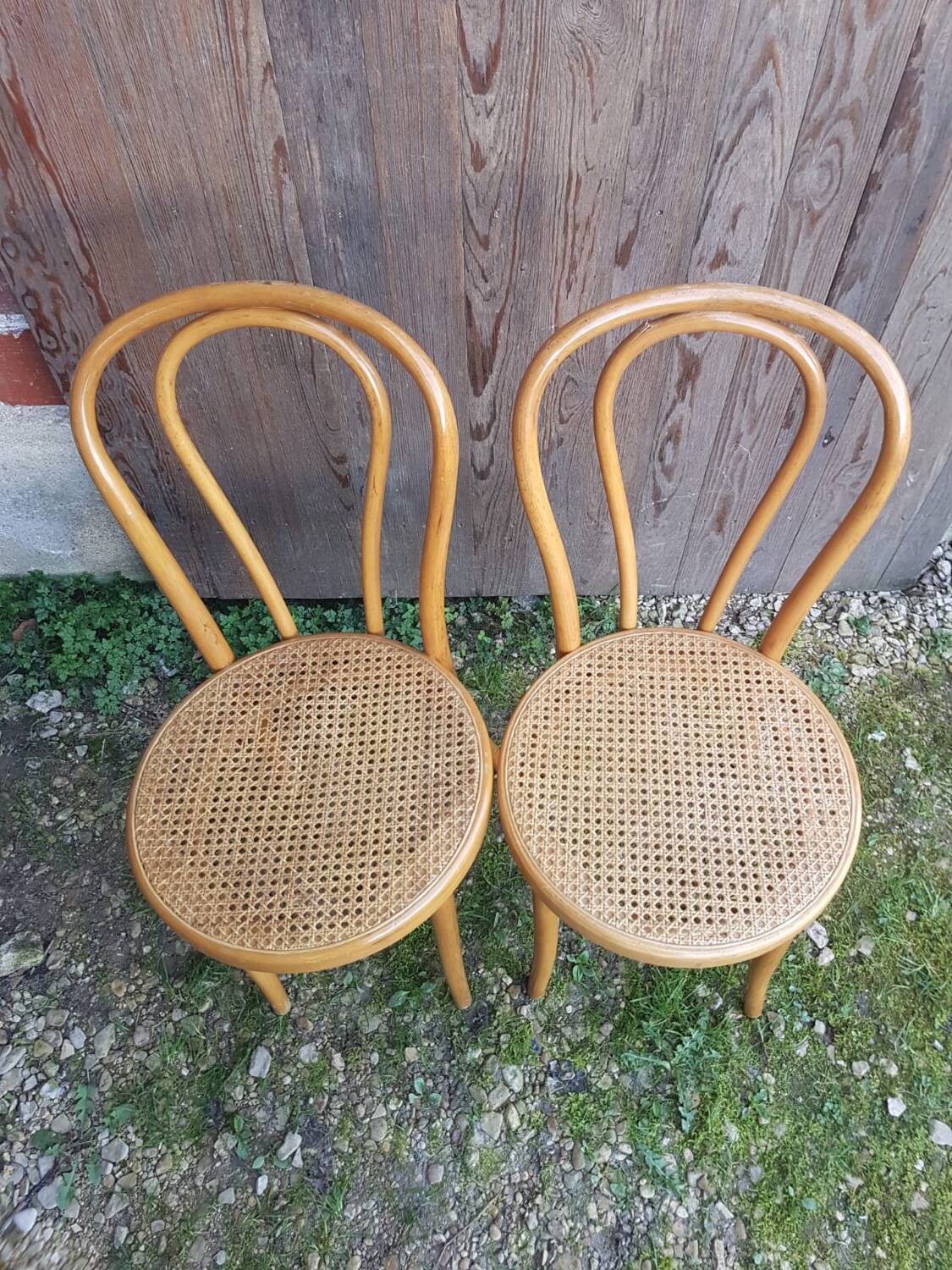 Pair of thonet style bistro chairs light curved wood + cane seat