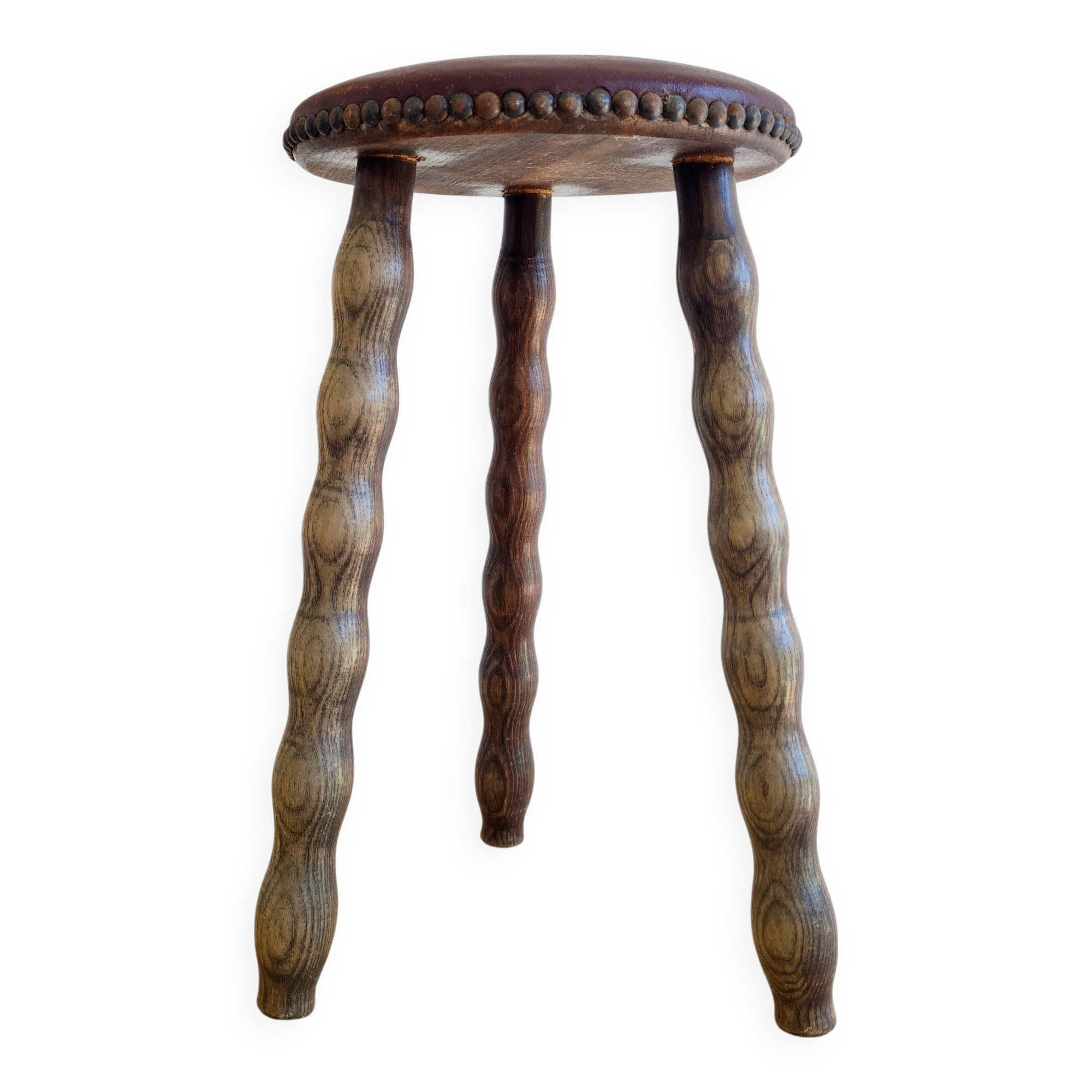 Tabouret bois pieds tournés assise cuir