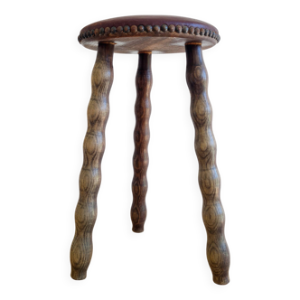 Tabouret bois pieds tournés assise cuir