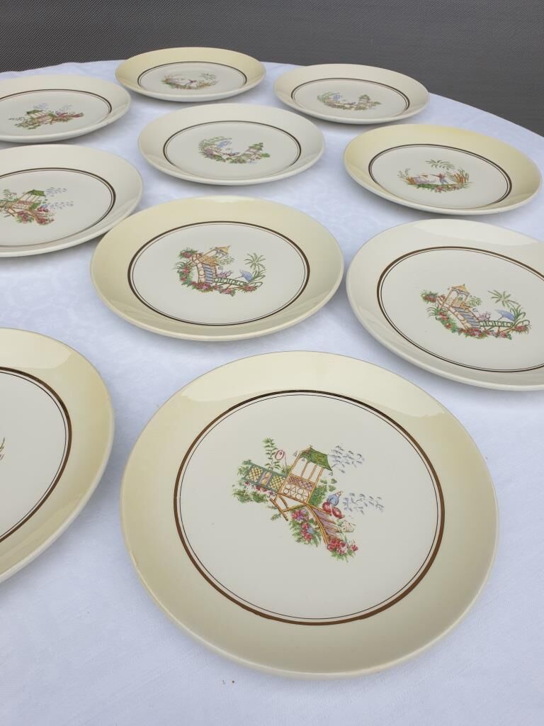 Set 12 plates Gien 1960 Japanese gardens variations in minor yellow