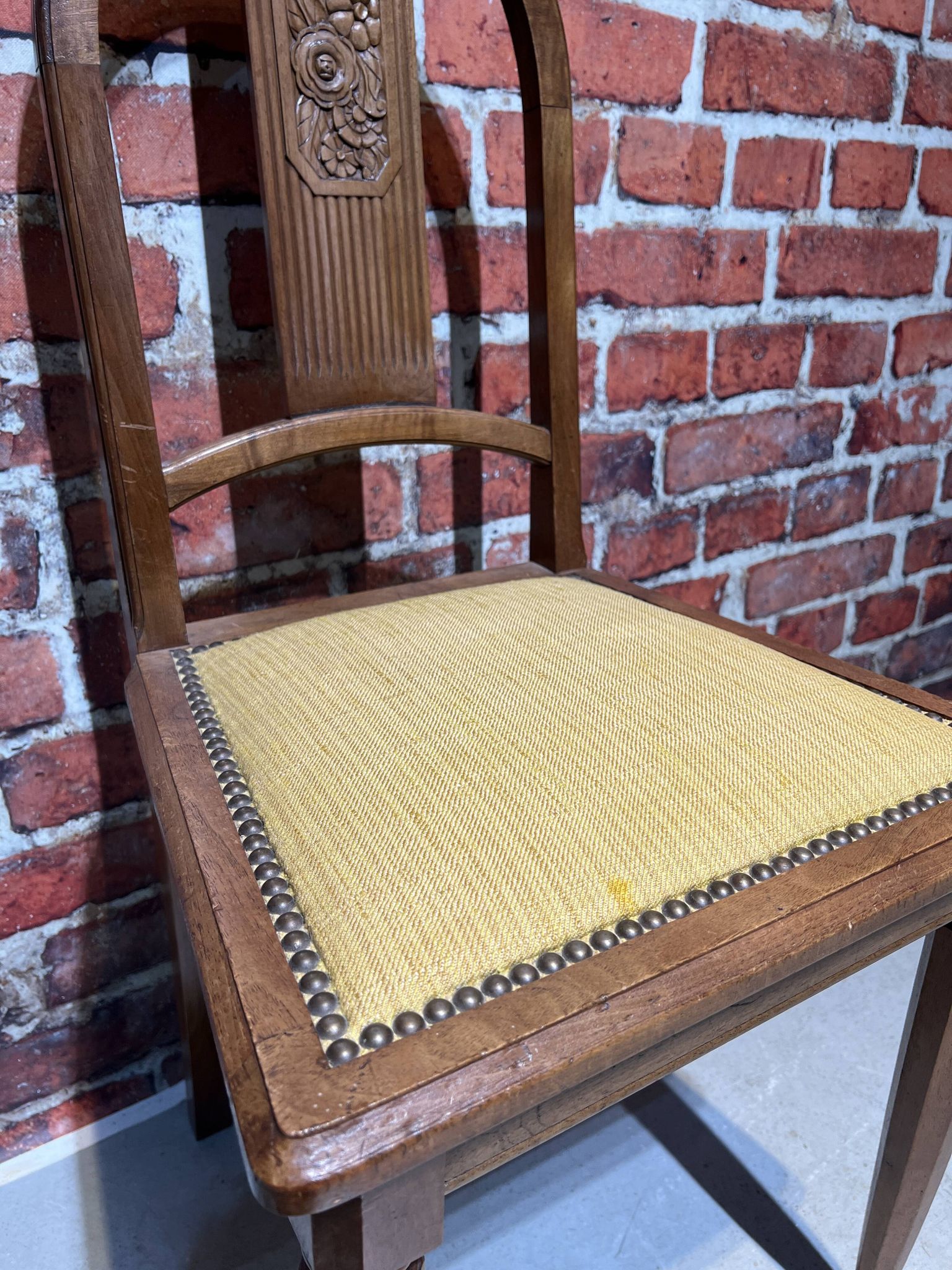 Set of a chair and an armchair in wood and yellow fabric