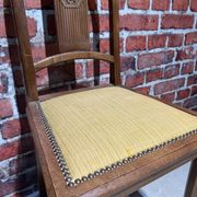Set of a chair and an armchair in wood and yellow fabric