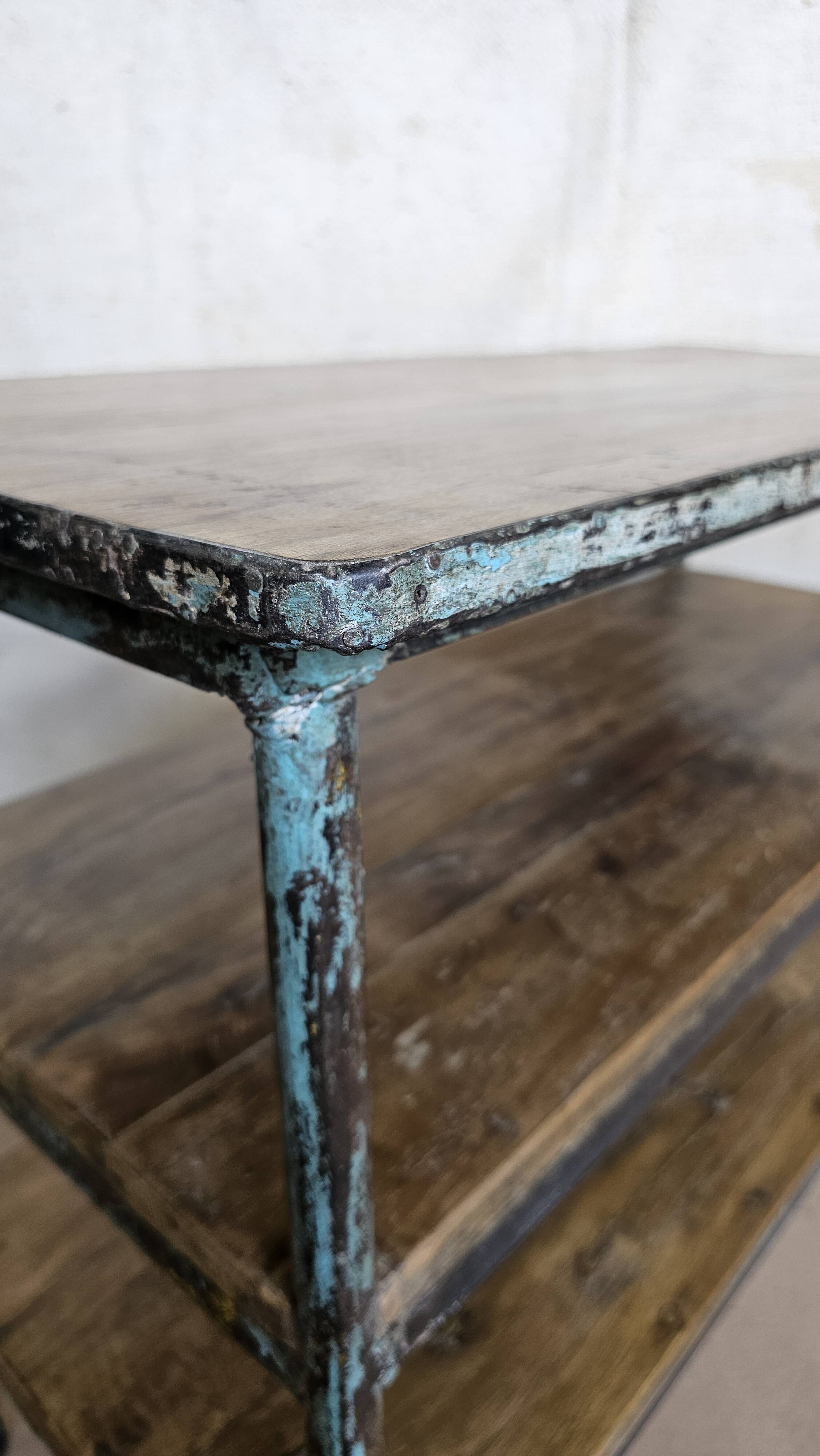 Textile workshop console in teak and wrought iron