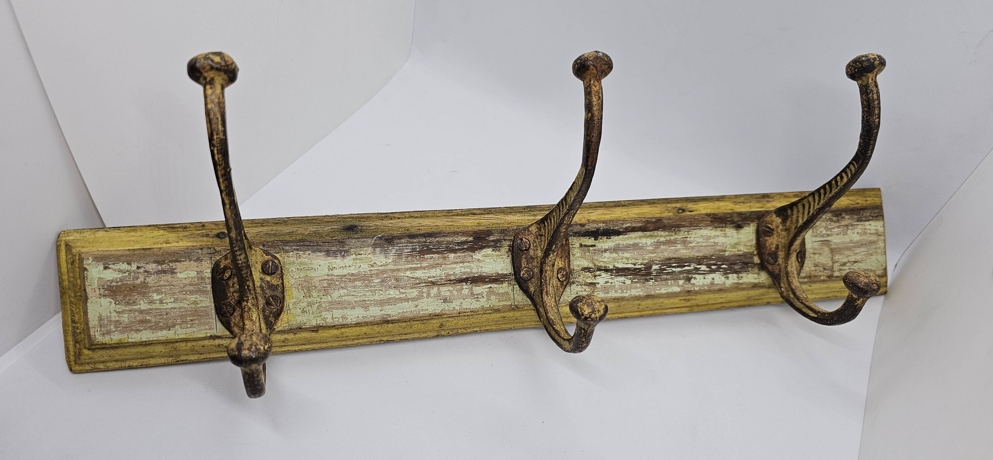 Solid teak coat hook with 3 double cast iron hooks